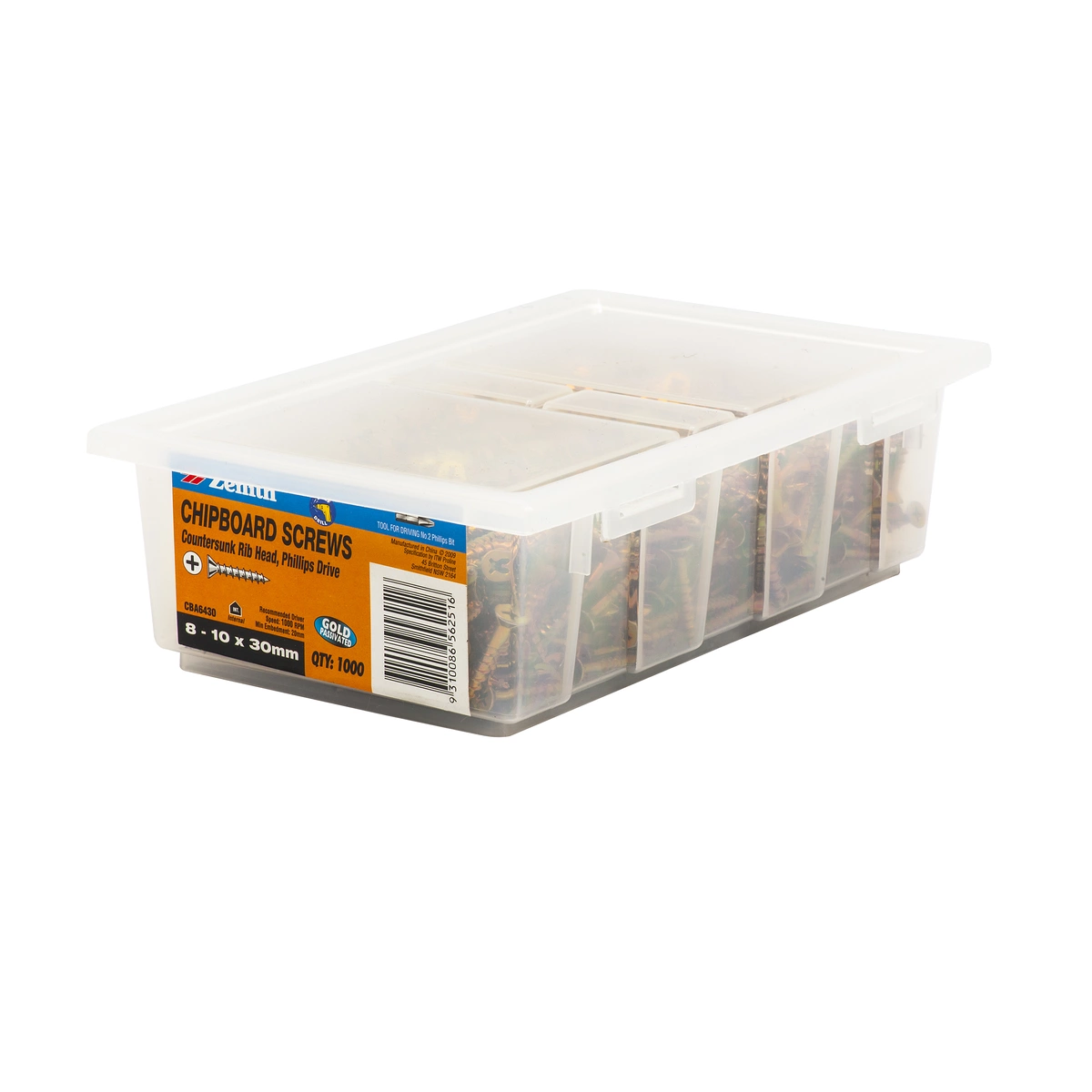 ZENITH® 8G x 30mm Gold Passivated Chipboard Screws – 1000 Pack