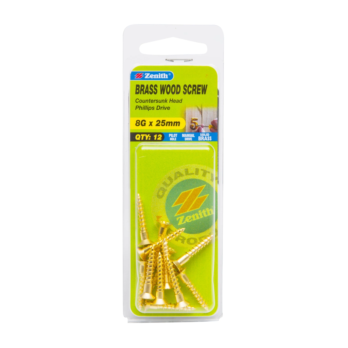 ZENITH® 8G x 25mm Solid Brass Wood Screws – 12 Pack