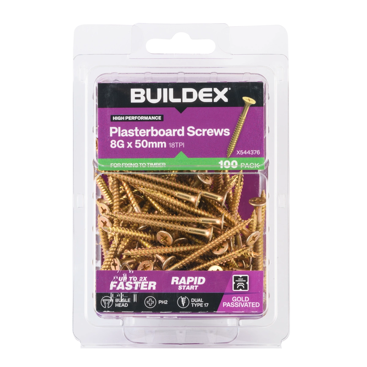 Buildex® 8G x 50mm Gold Passivated Plasterboard Screws – 100 Pack