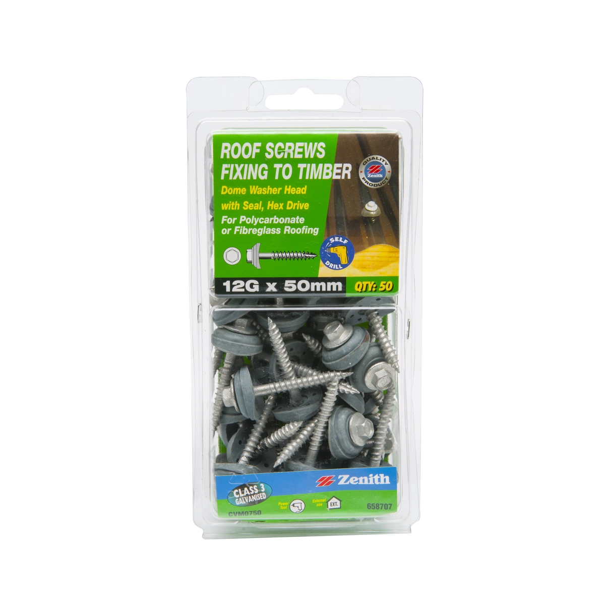 ZENITH® 12G x 50mm Class 3 Galvanised Cladding & Roofing Screws with Seal – 50 Pack