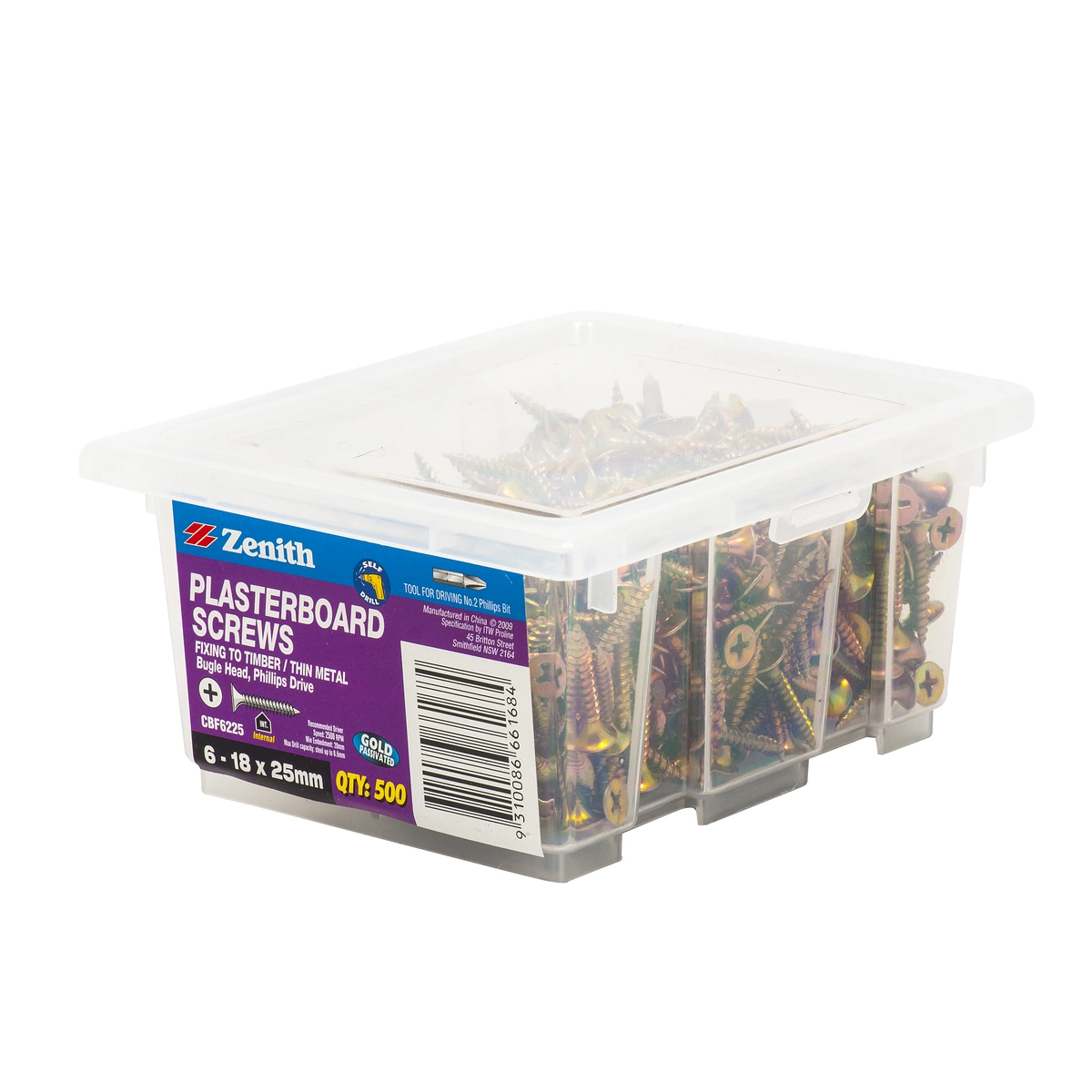 ZENITH® 6G x 25mm Gold Passivated Plasterboard Screws – 500 Pack