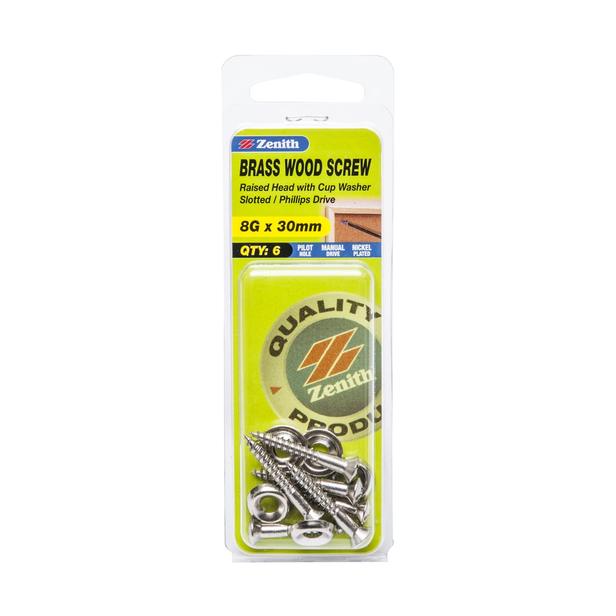 ZENITH® 8G x 30mm Nickel Plated Wood Screws – 6 Pack