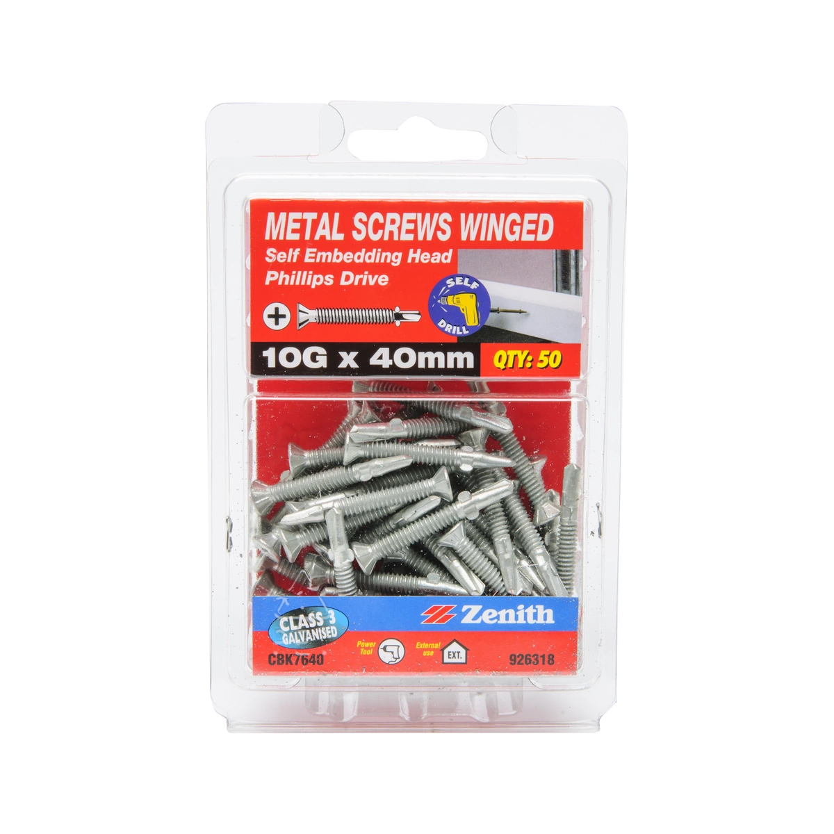 ZENITH® 10G x 40mm Class 3 Galvanised Metal Screws (Winged Drill Point) – 50 Pack
