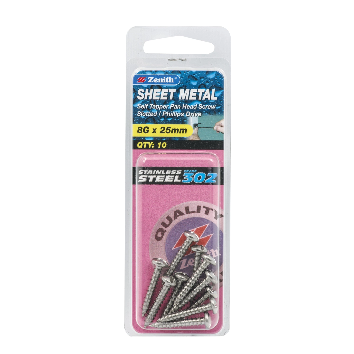 ZENITH® 8G x 25mm 304 Stainless Steel Sheet Metal Screws – 10 Pack