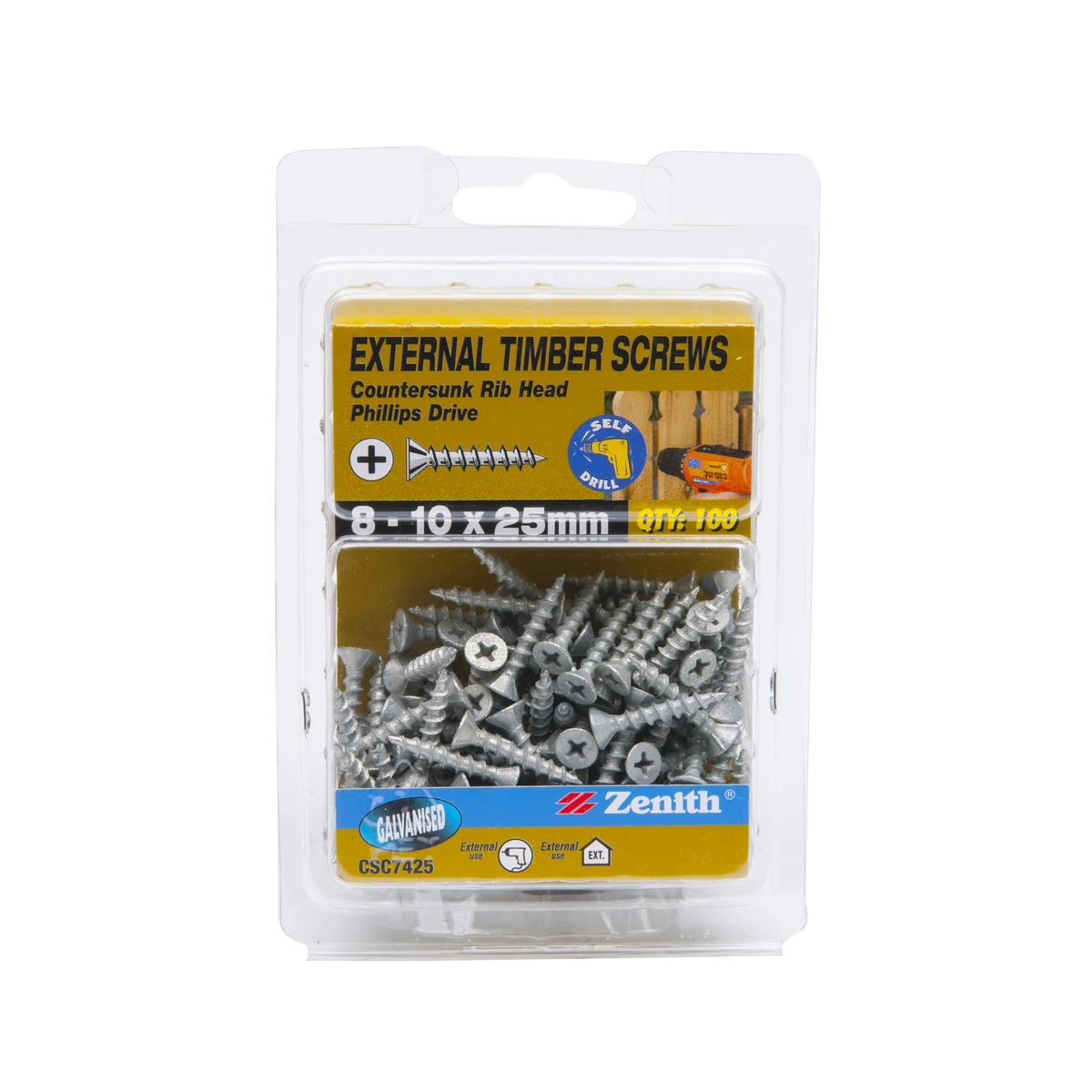 ZENITH® 8G x 25mm Galvanised Timber Screws – 100 Pack