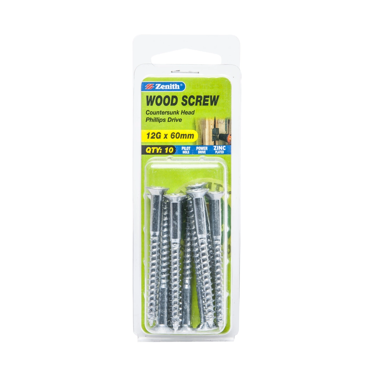 ZENITH® 12G x 60mm Zinc Plated Timber Screws – 10 Pack