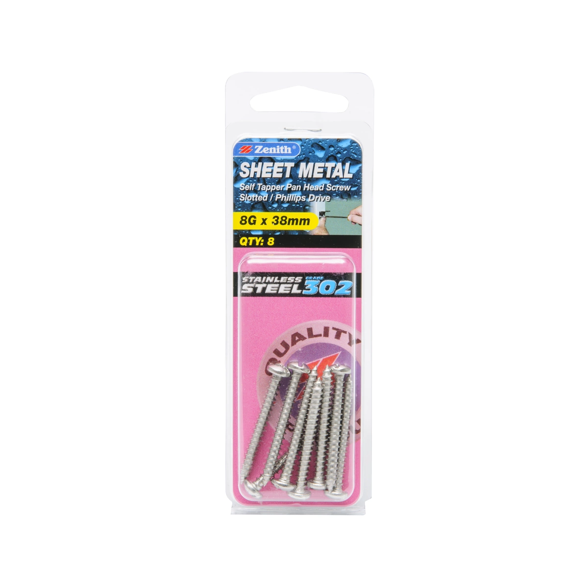 ZENITH® 8G x 38mm 304 Stainless Steel Sheet Metal Screws – 8 Pack