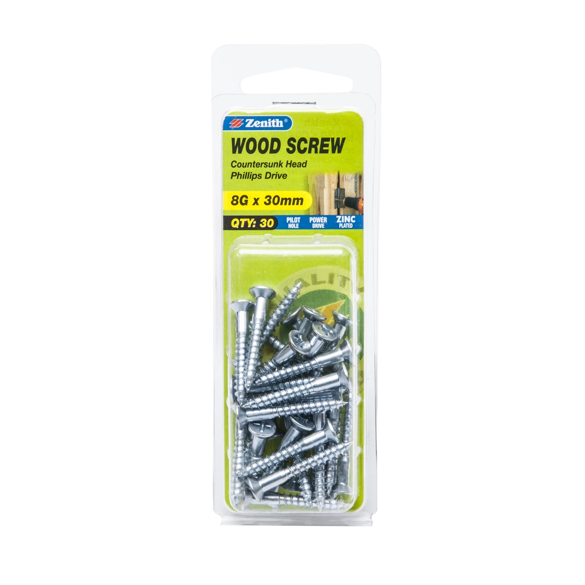 ZENITH® 8G x 30mm Zinc Plated Wood Screws – 30 Pack
