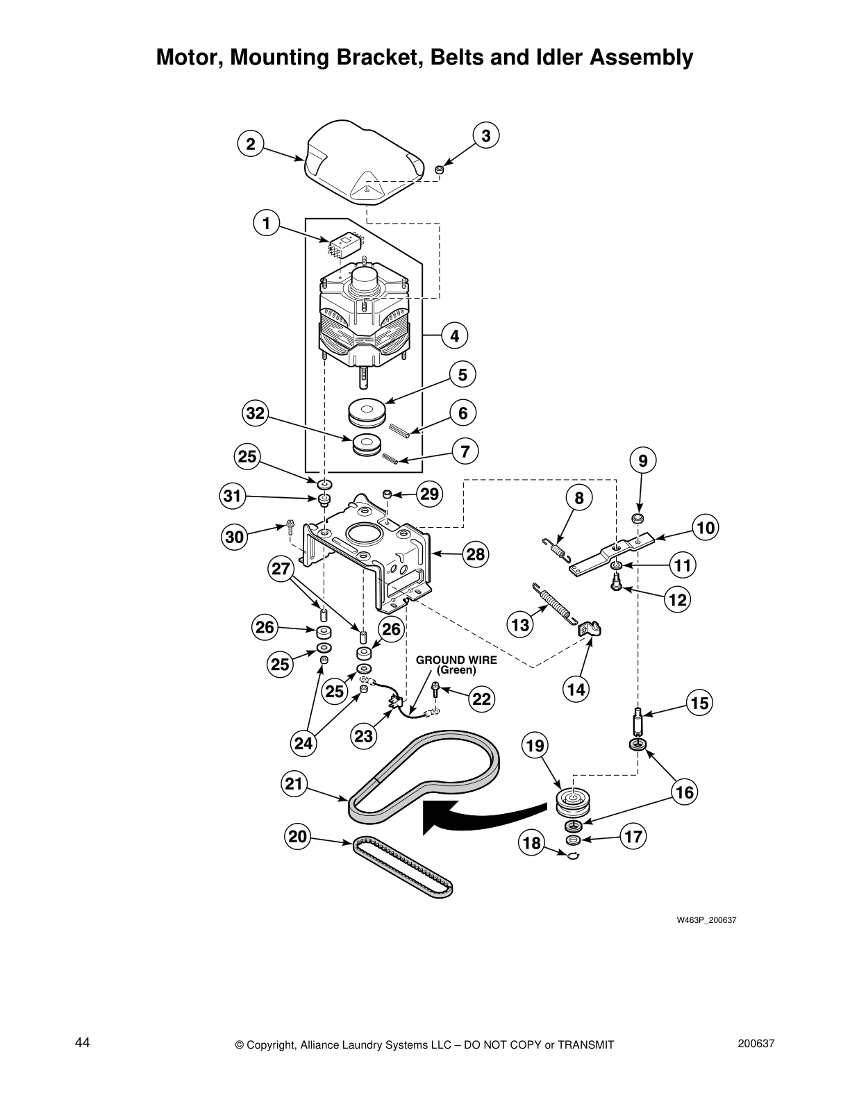 Motor, Mounting Bracket, Belts and Idler Assembly