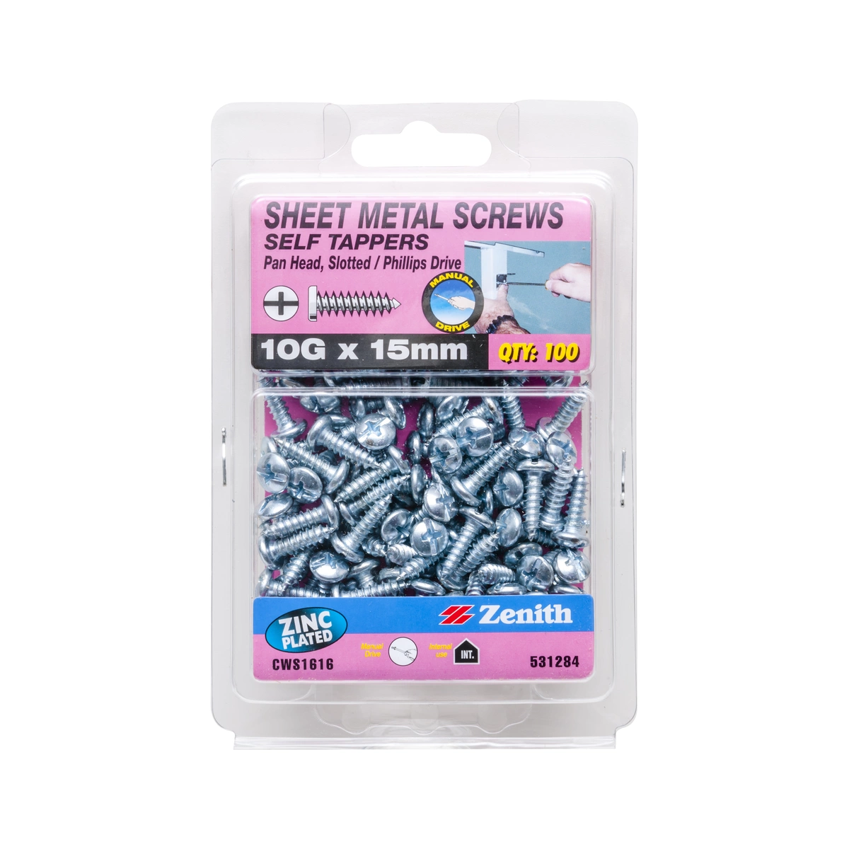 ZENITH® 10G x 15mm Zinc Plated Sheet Metal Screws – 100 Pack