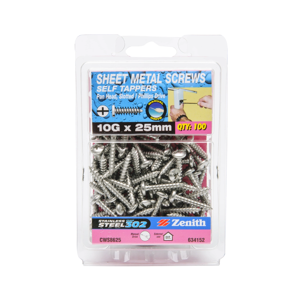 ZENITH® 10G x 25mm 304 Stainless Steel Sheet Metal Screws – 100 Pack