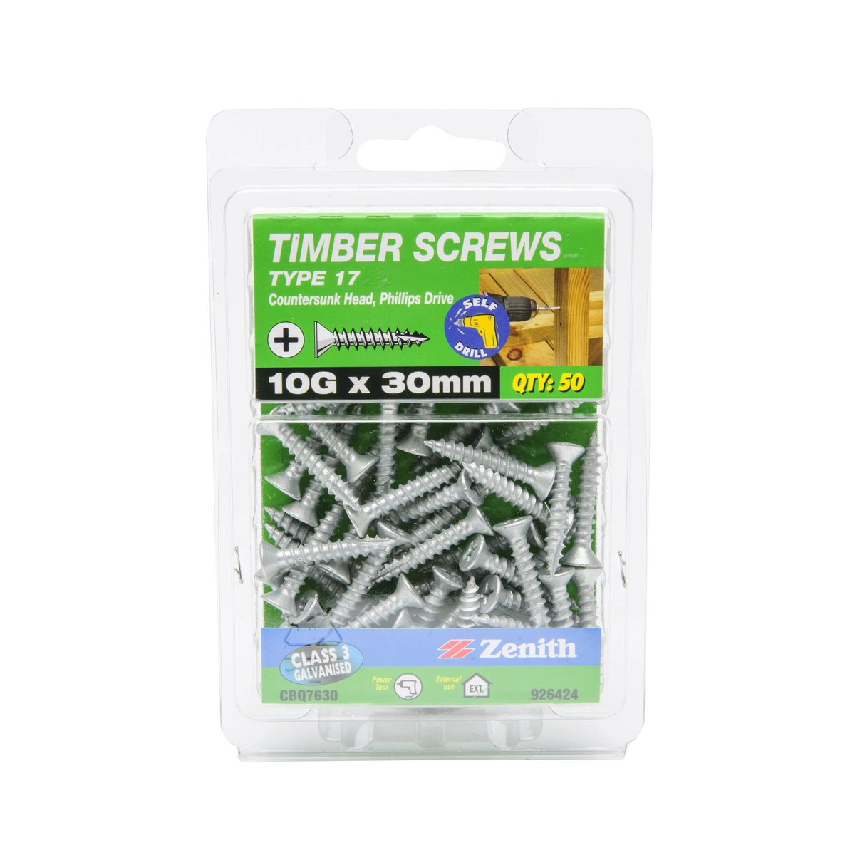 ZENITH® 10G x 30mm Class 3 Galvanised Timber Screws – 50 Pack