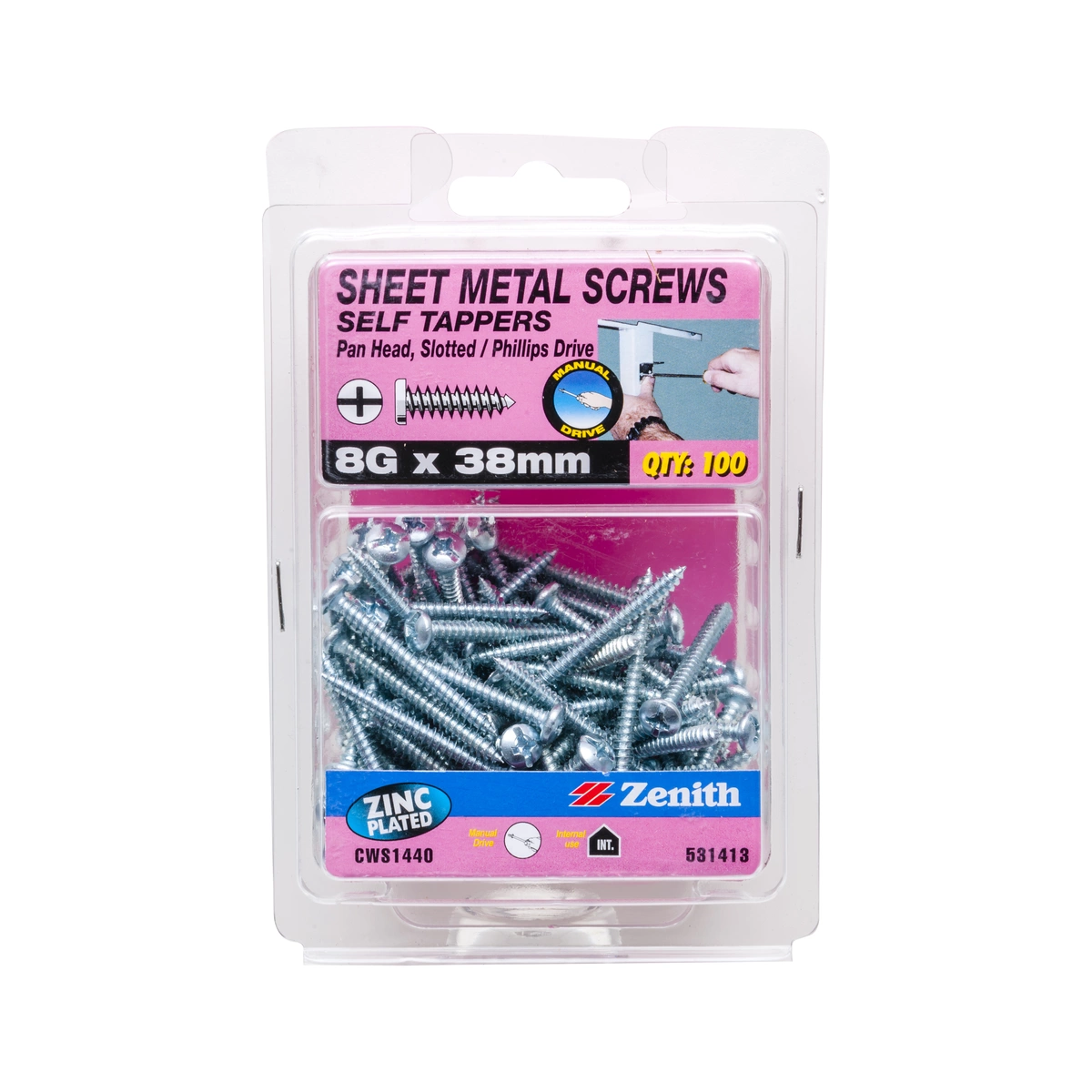 ZENITH® 8G x 38mm Zinc Plated Sheet Metal Screws – 100 Pack