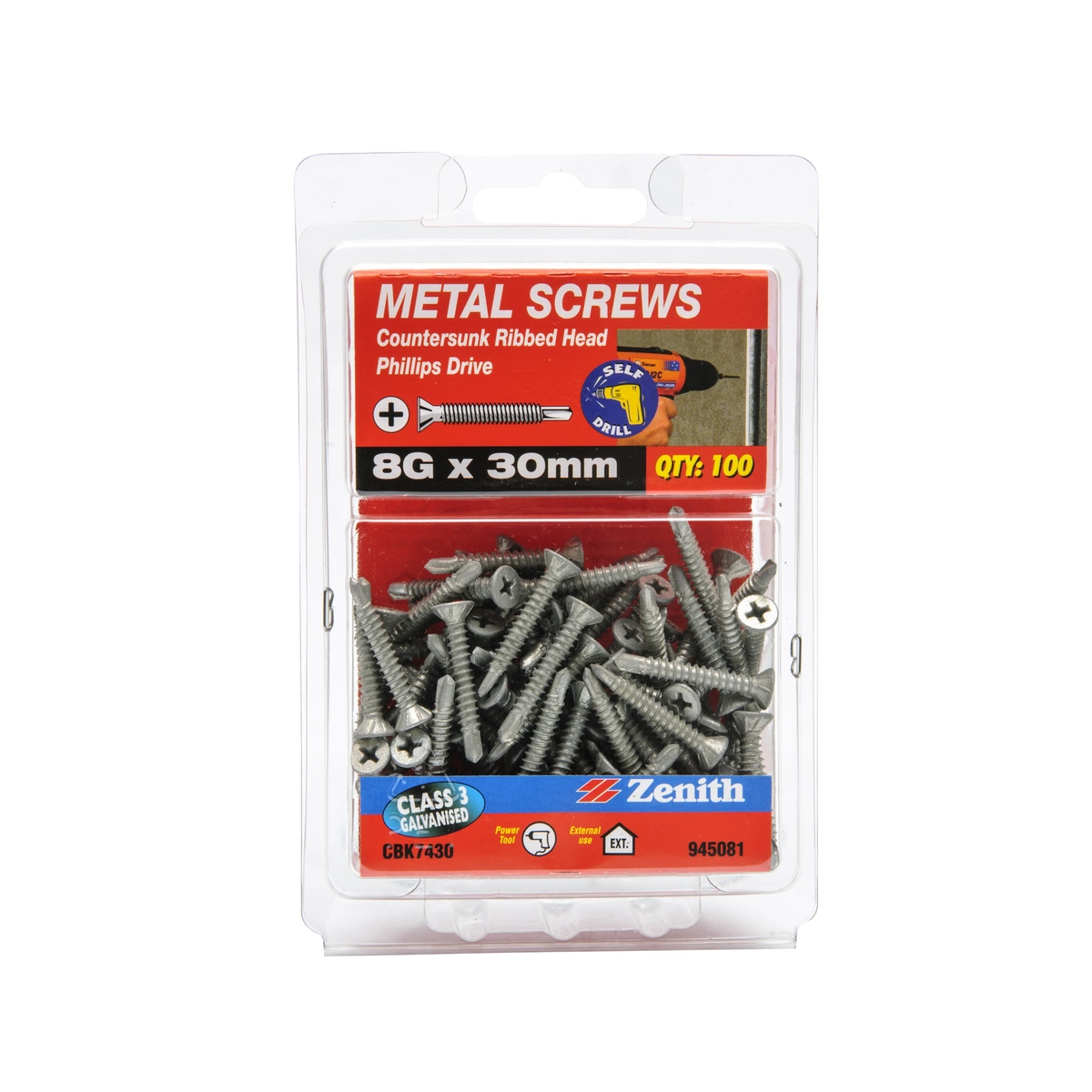 ZENITH® 8G x 30mm Class 3 Galvanised Metal Screws – 100 Pack