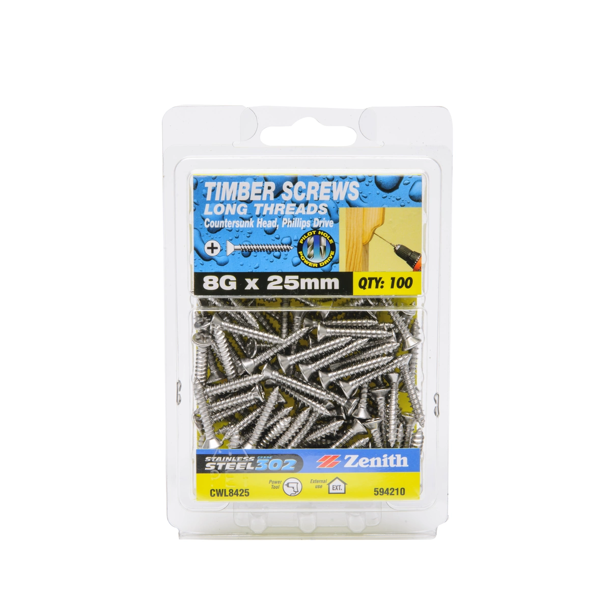 ZENITH® 8G x 25mm 304 Stainless Steel Timber Screws (Phillips Drive) – 100 Pack