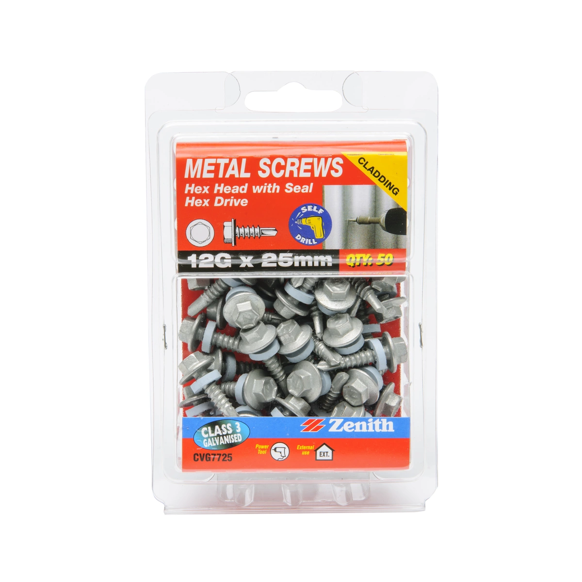 ZENITH® 12G x 25mm Class 3 Galvanised Cladding & Roofing Screws with Seal (Self Drilling) – 50 Pack