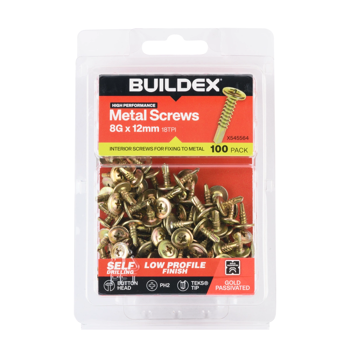 Buildex® 8G x 12mm Gold Passivated Sheet Metal Screws – 100 Pack