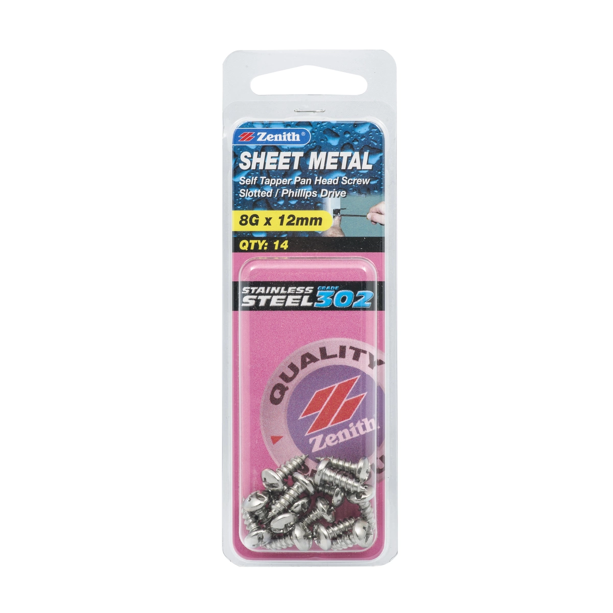 ZENITH® 8G x 12mm 304 Stainless Steel Sheet Metal Screws – 14 Pack