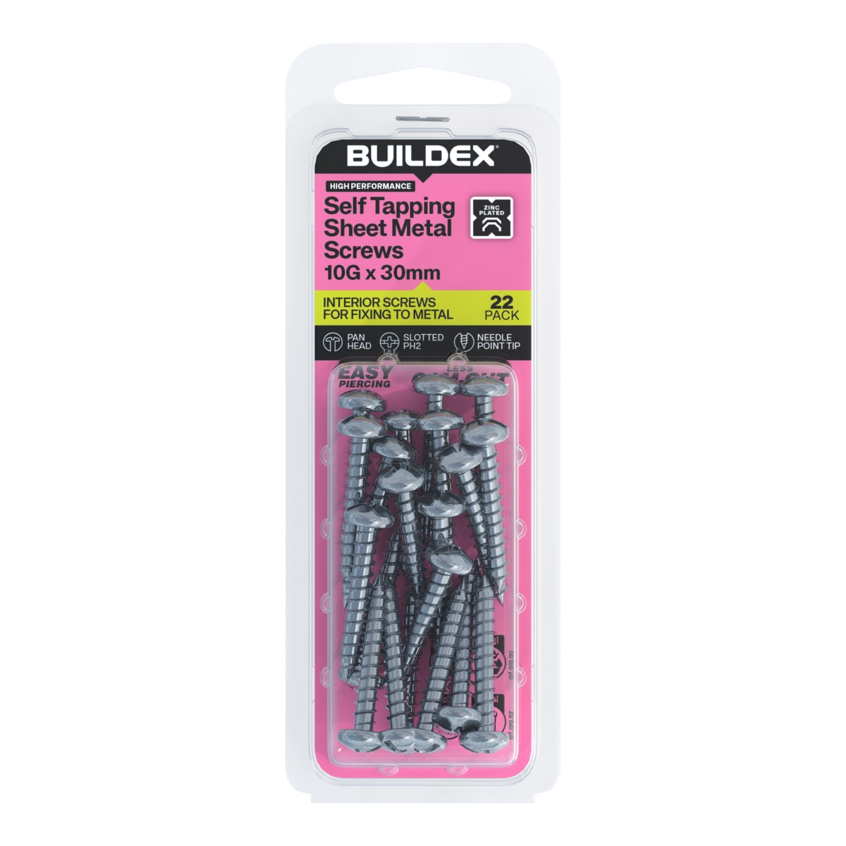 Buildex® 10G x 30mm Zinc Plated Self Tapping Sheet Metal Screws – 22 Pack