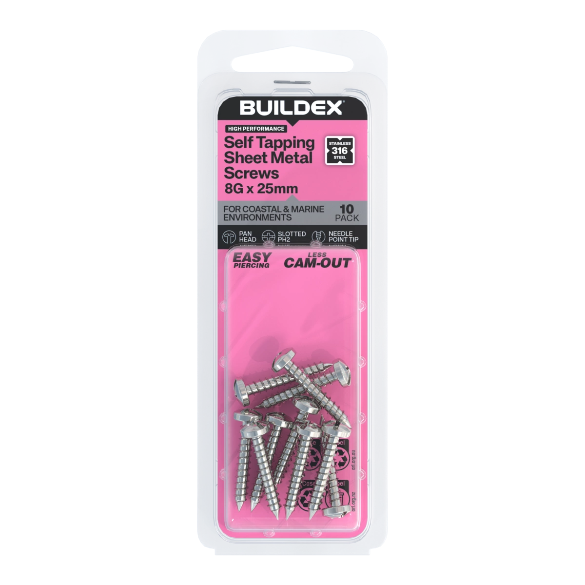 Buildex® 8G x 25mm SS316 Self Tapping Sheet Metal Screws – 10 Pack