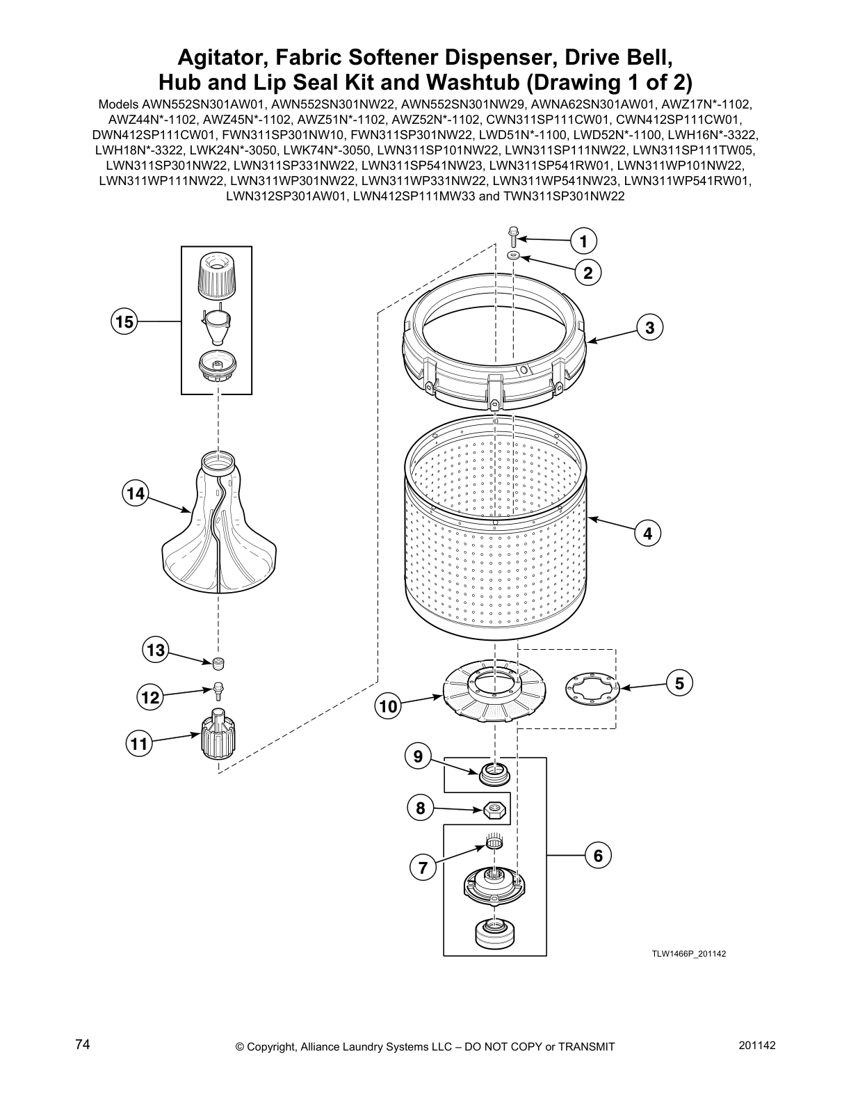 Agitator, Fabric Softener Dispenser, Drive Bell,
Hub and Lip Seal Kit and Washtub (Drawing 1 of 2)