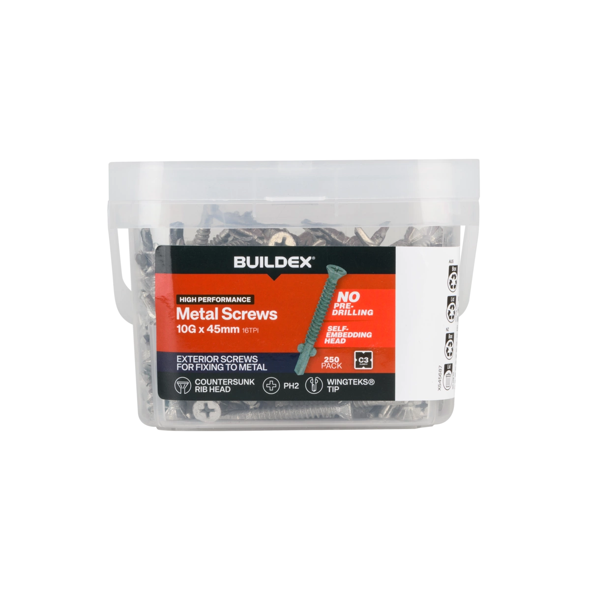 Buildex® 10G x 45mm Class 3 Sheet Metal Screws – 250 Pack