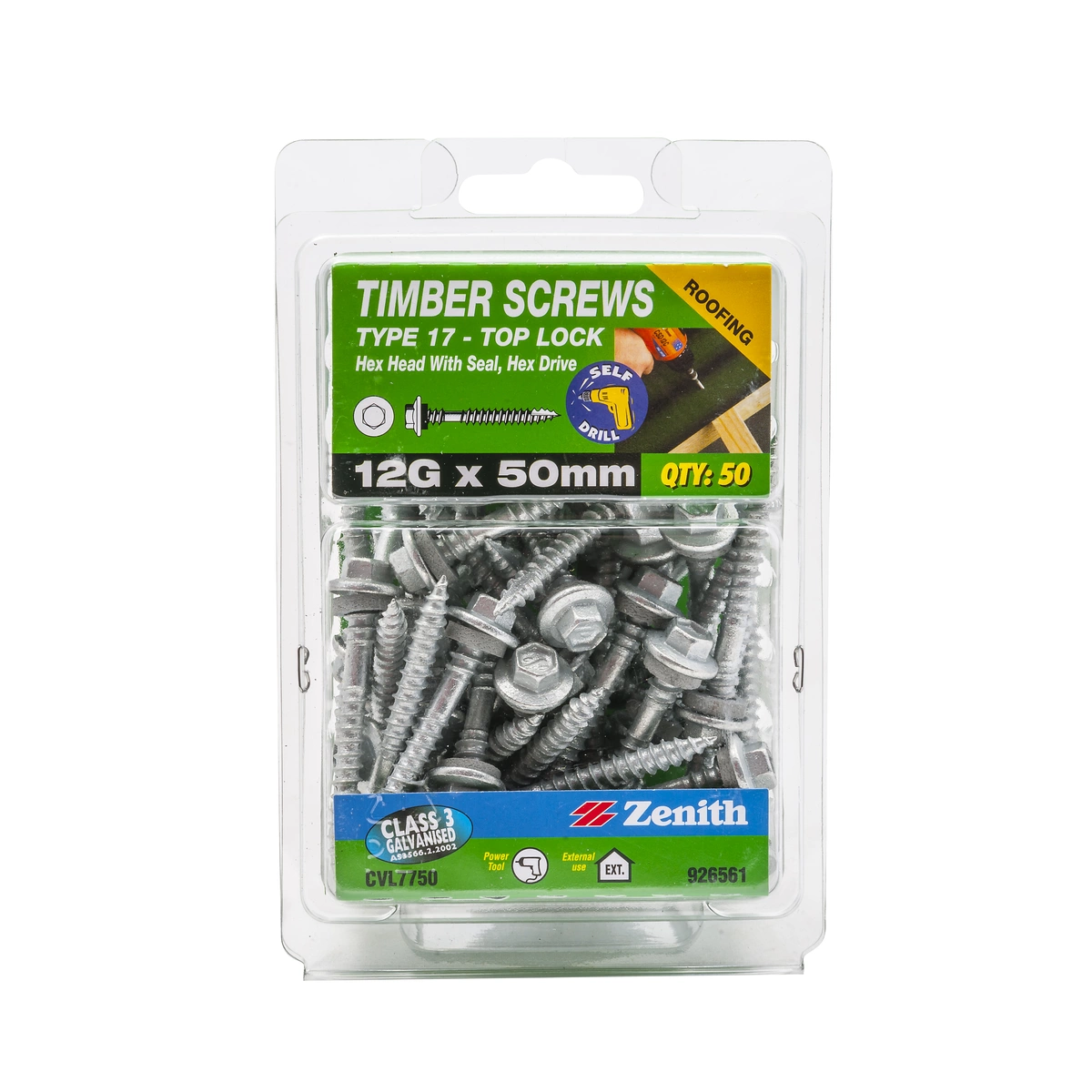 ZENITH® 12G x 50mm Class 3 Galvanised Cladding & Roofing Screws with Seal – 50 Pack