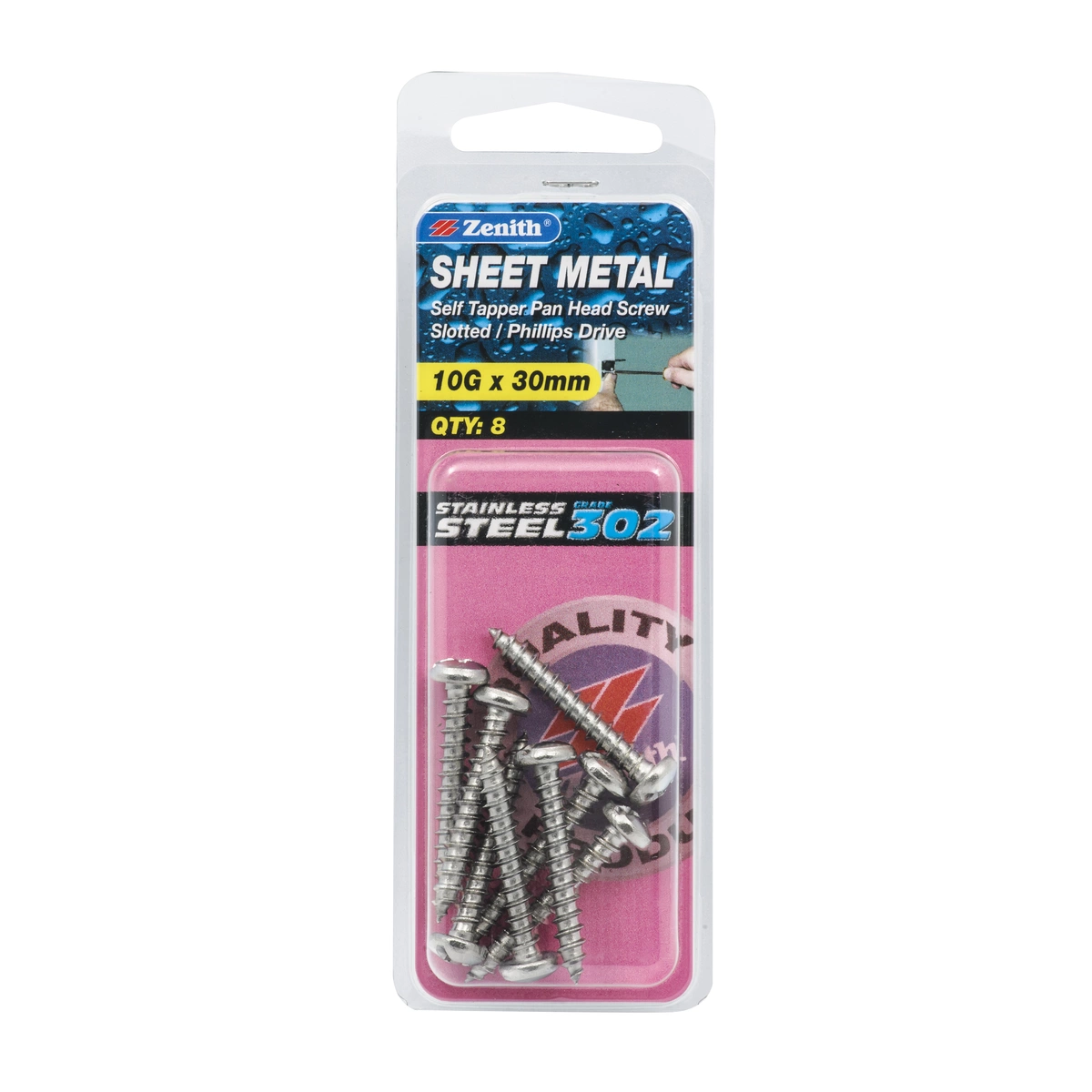 ZENITH® 10G x 30mm 304 Stainless Steel Sheet Metal Screws – 8 Pack