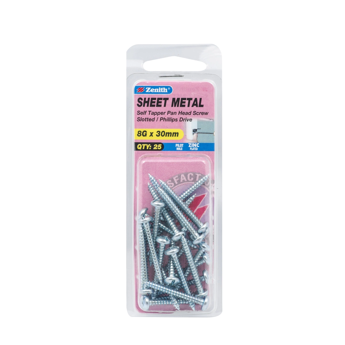 ZENITH® 8G x 30mm Zinc Plated Sheet Metal Screws – 25 Pack