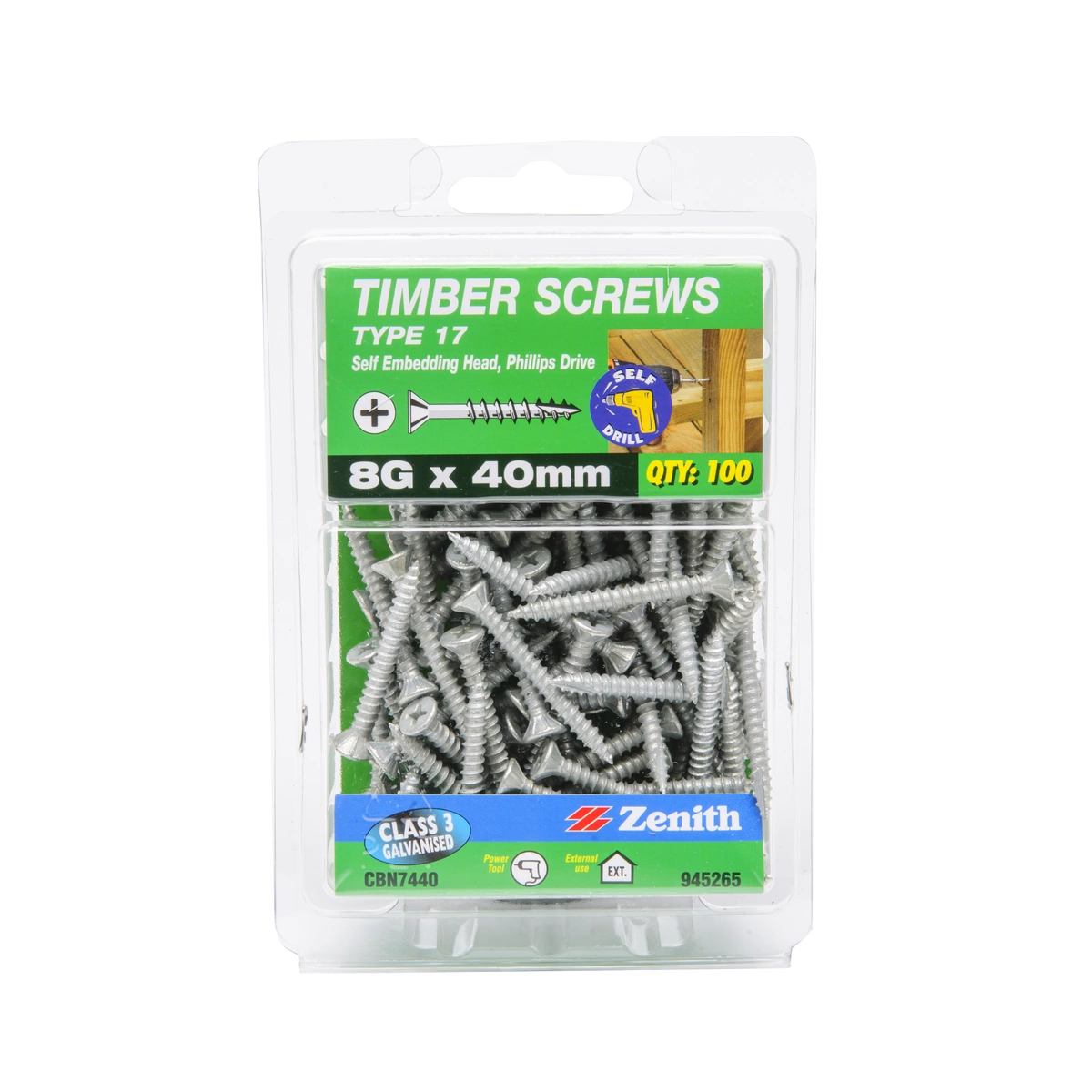 ZENITH® 8G x 40mm Class 3 Galvanised Timber Screws – 100 Pack