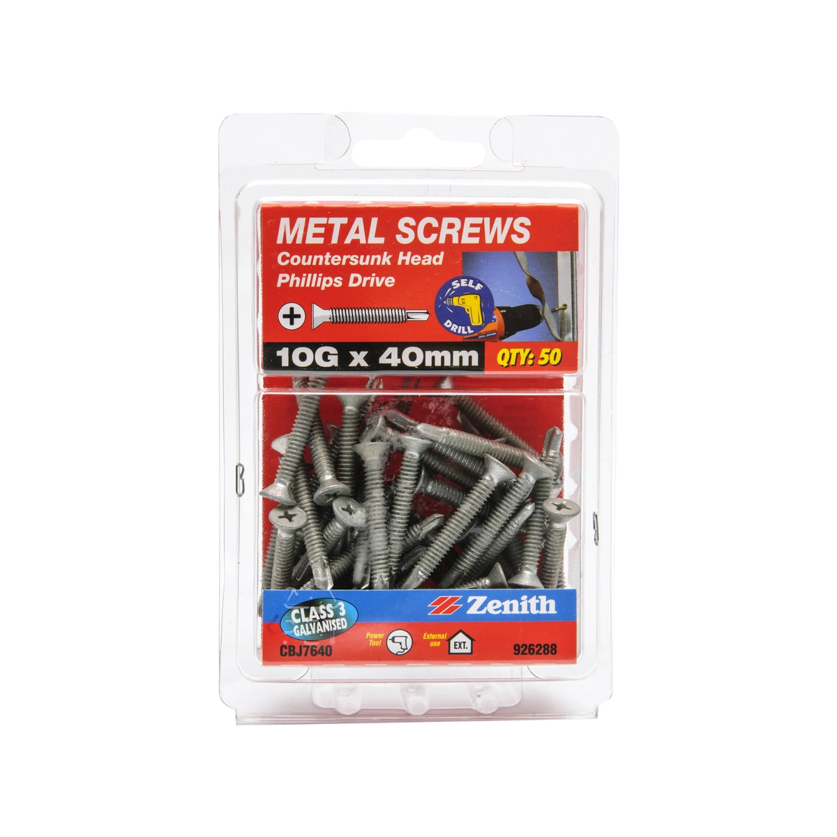 ZENITH® 10G x 40mm Class 3 Galvanised Metal Screws (Drill Point) – 50 Pack