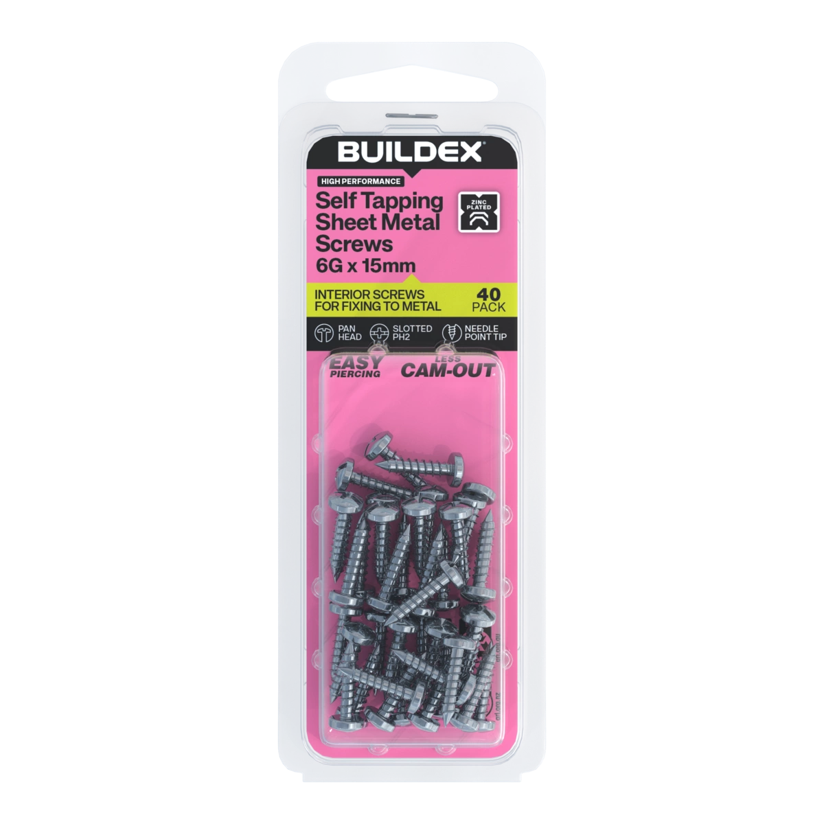 Buildex® 6G x 15mm Zinc Plated Self Tapping Sheet Metal Screws – 40 Pack