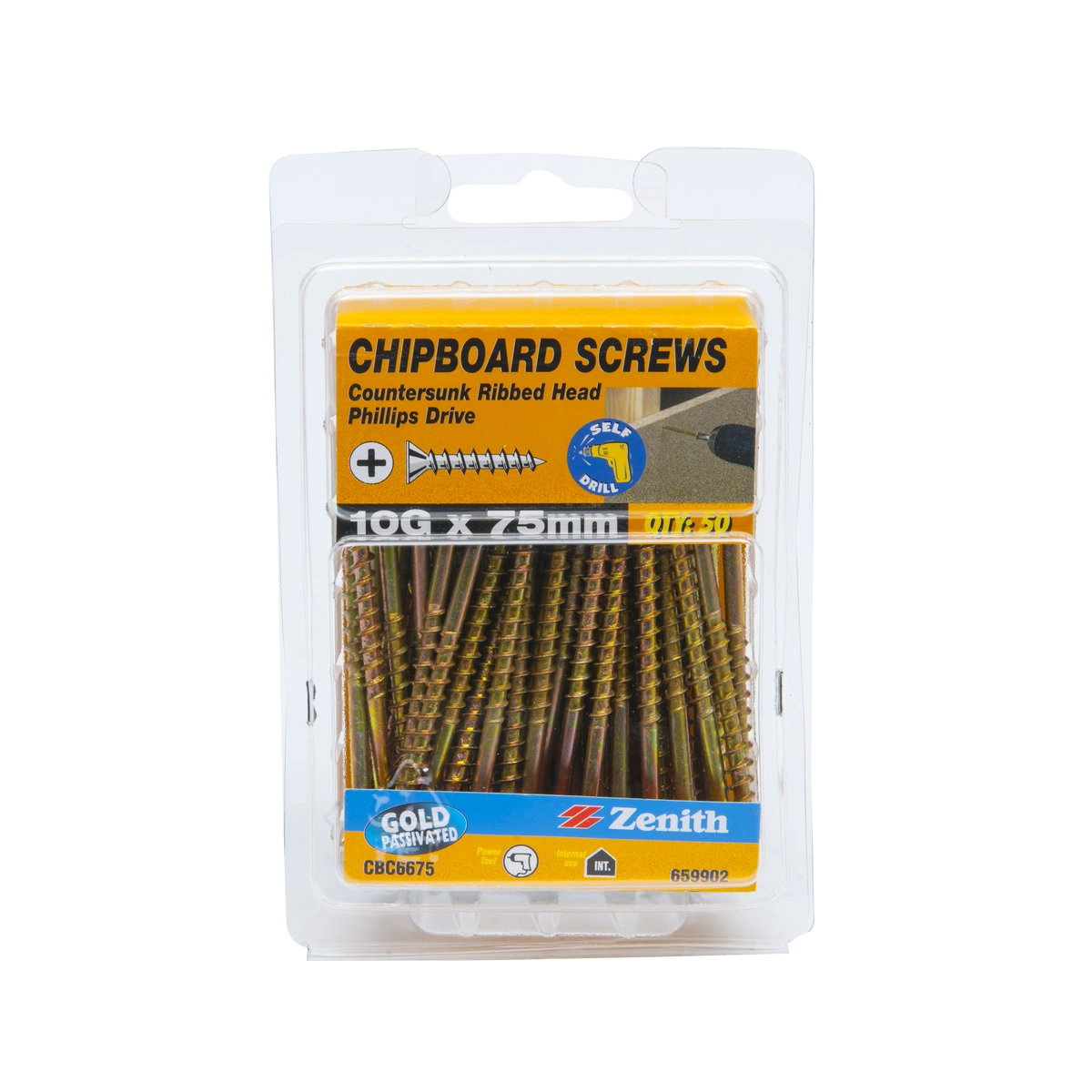 ZENITH® 10G x 75mm Gold Passivated Chipboard Screws (Phillips Drive) – 50 Pack