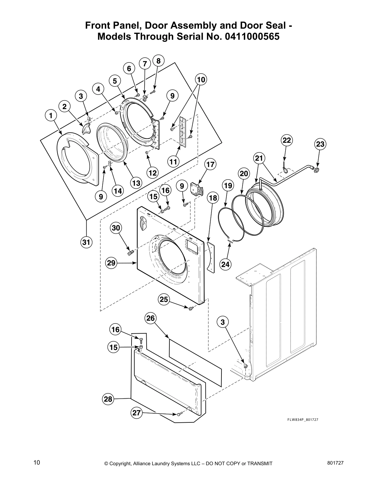 Front Panel, Door Assembly and Door Seal -
Models Through Serial No. 0411000565