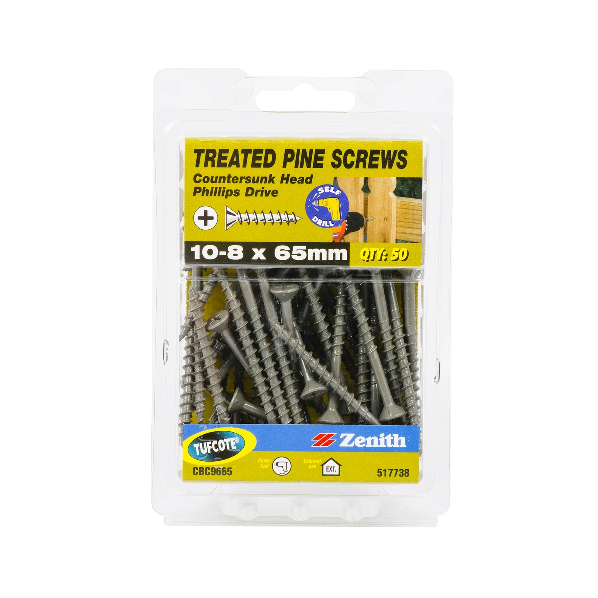 ZENITH® 10G x 65mm TUFCOTE® Treated Pine Screws (Phillips Drive) – 50 Pack
