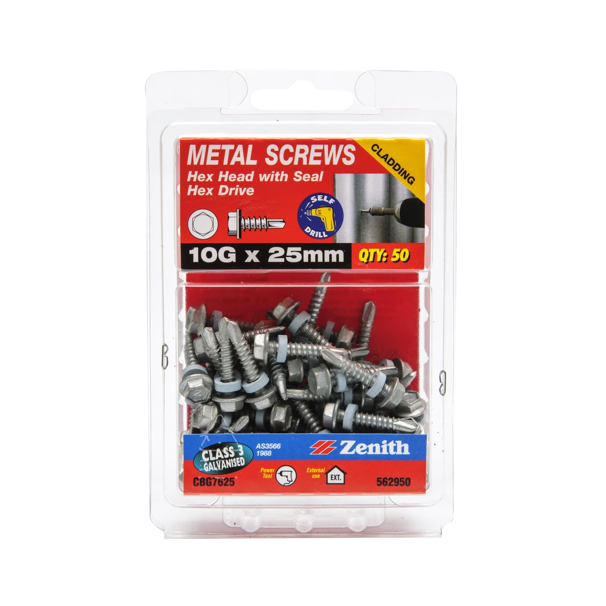 ZENITH® 10G x 25mm Class 3 Galvanised Cladding & Roofing Screws with Seal – 50 Pack
