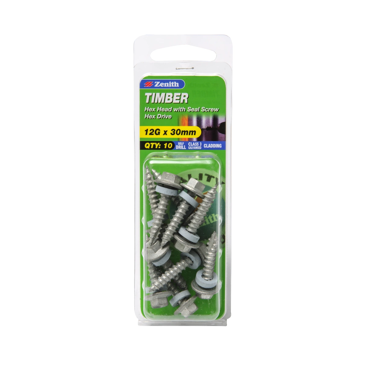 ZENITH® 12G x 30mm Class 3 Galvanised Cladding & Roofing Screws with Seal – 10 Pack