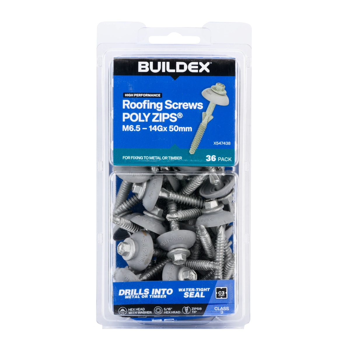 Buildex® M6.5 – 14G x 50mm Roofing Screws PolyZIPS® With Seal Class 3 – 36 Pack