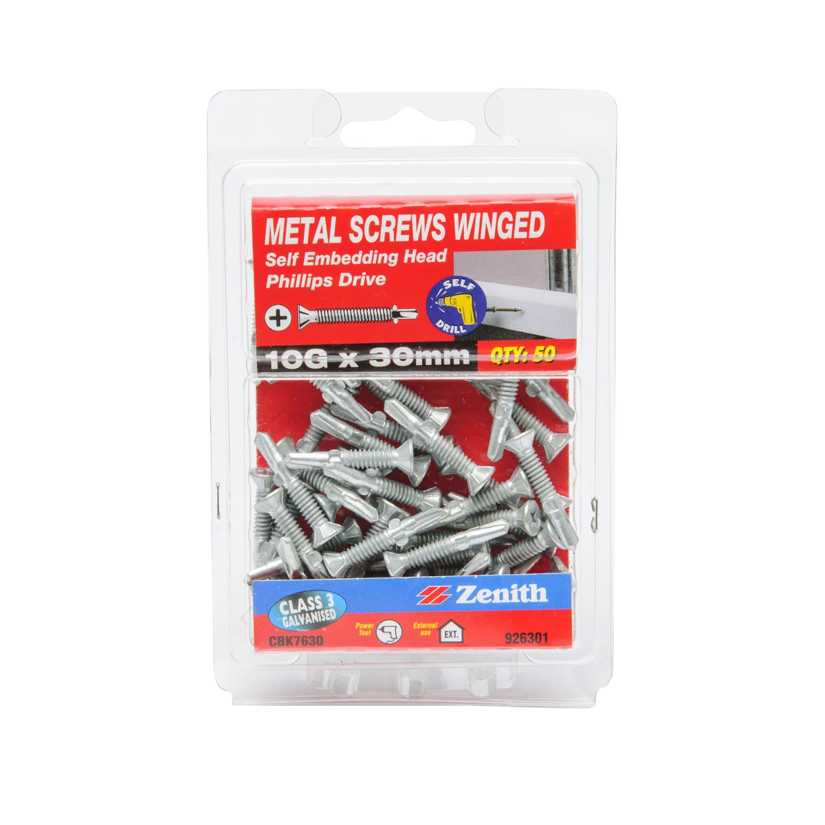 ZENITH® 10G x 30mm Class 3 Galvanised Metal Screws (Winged Countersunk Ribbed Head) – 50 Pack