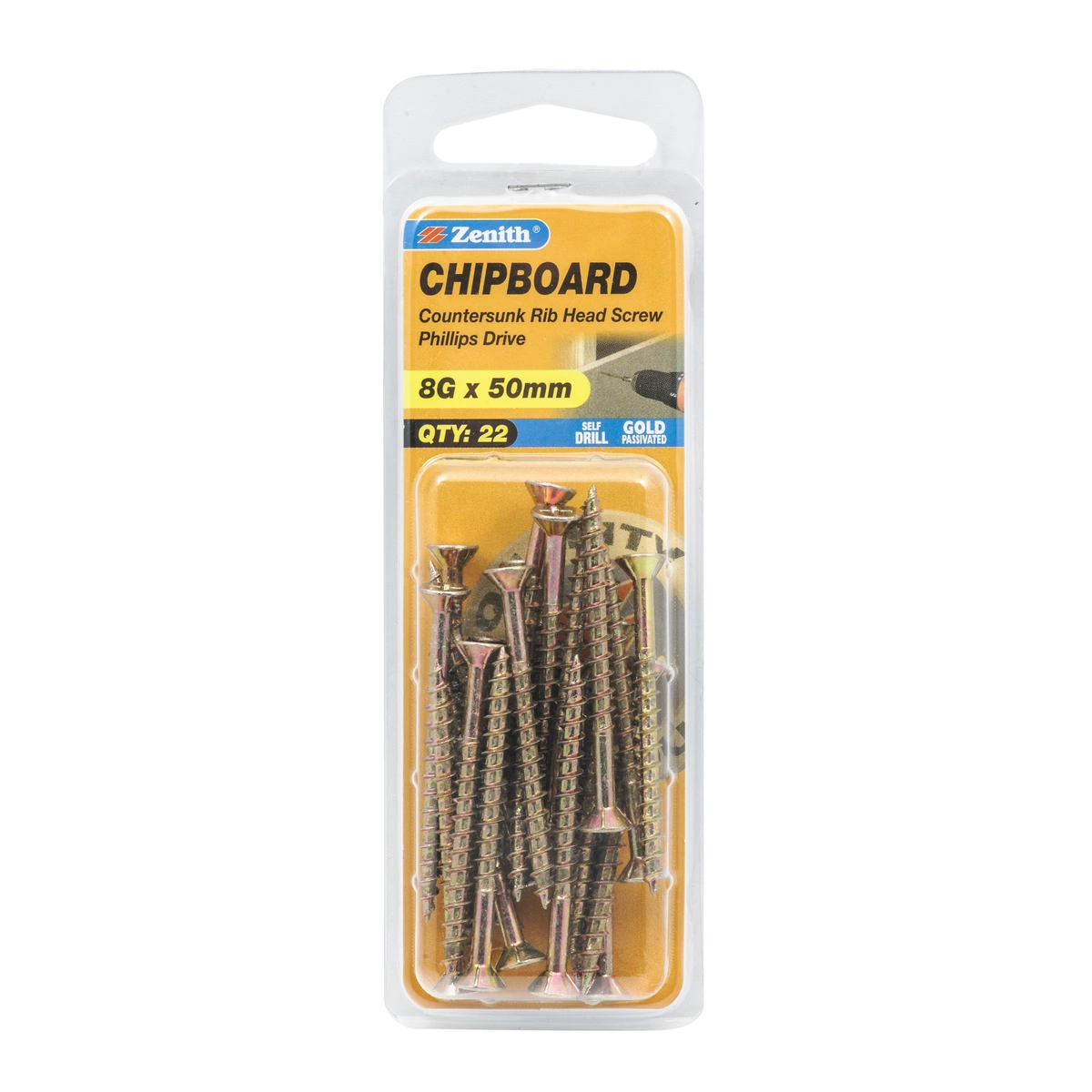 ZENITH® 8G x 50mm Gold Passivated Chipboard Screws – 22 Pack