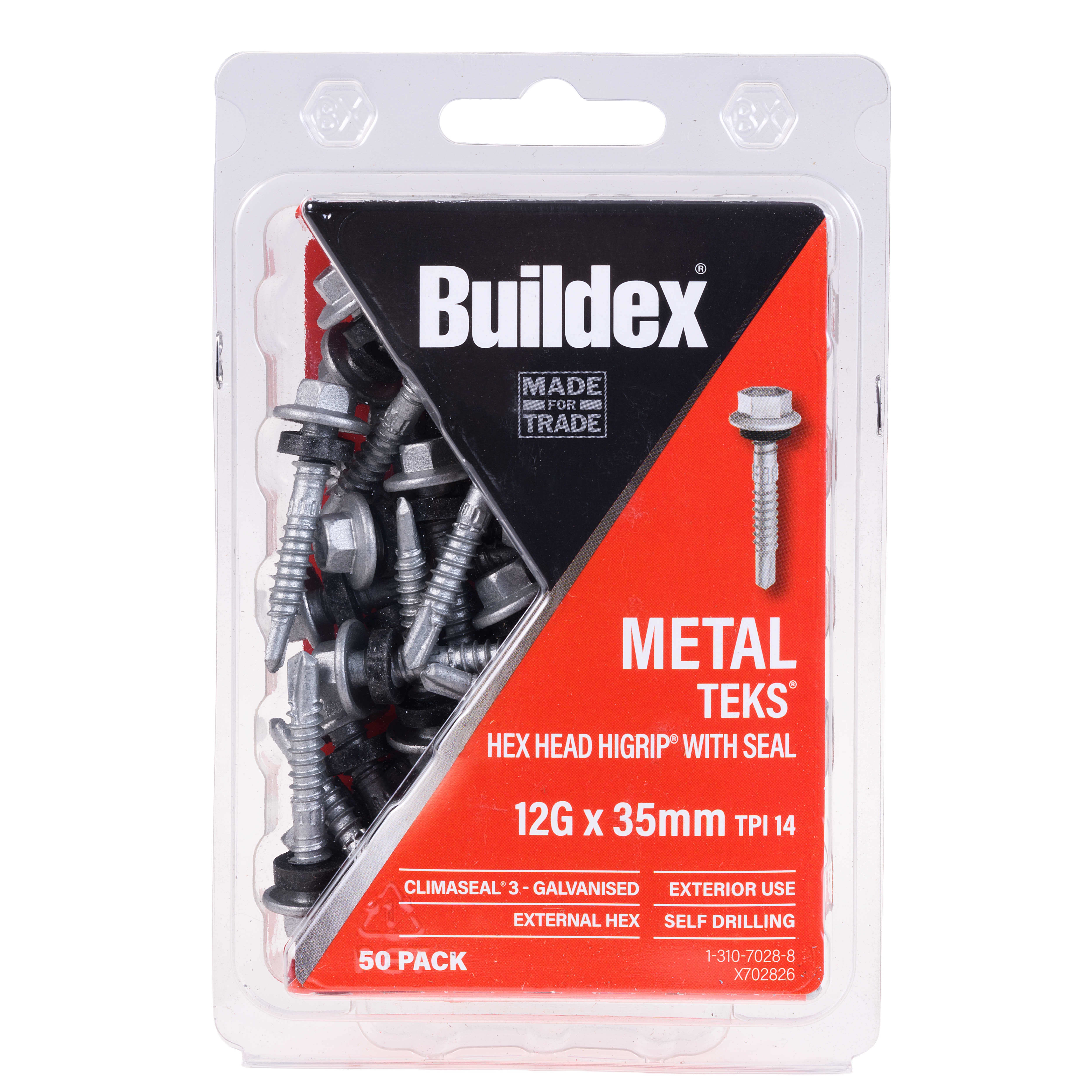 Buildex® Metal TEKS® Screws 12G x 35mm – Hex Head HiGrip® with Seal – Climaseal® 3 – Pack of 50