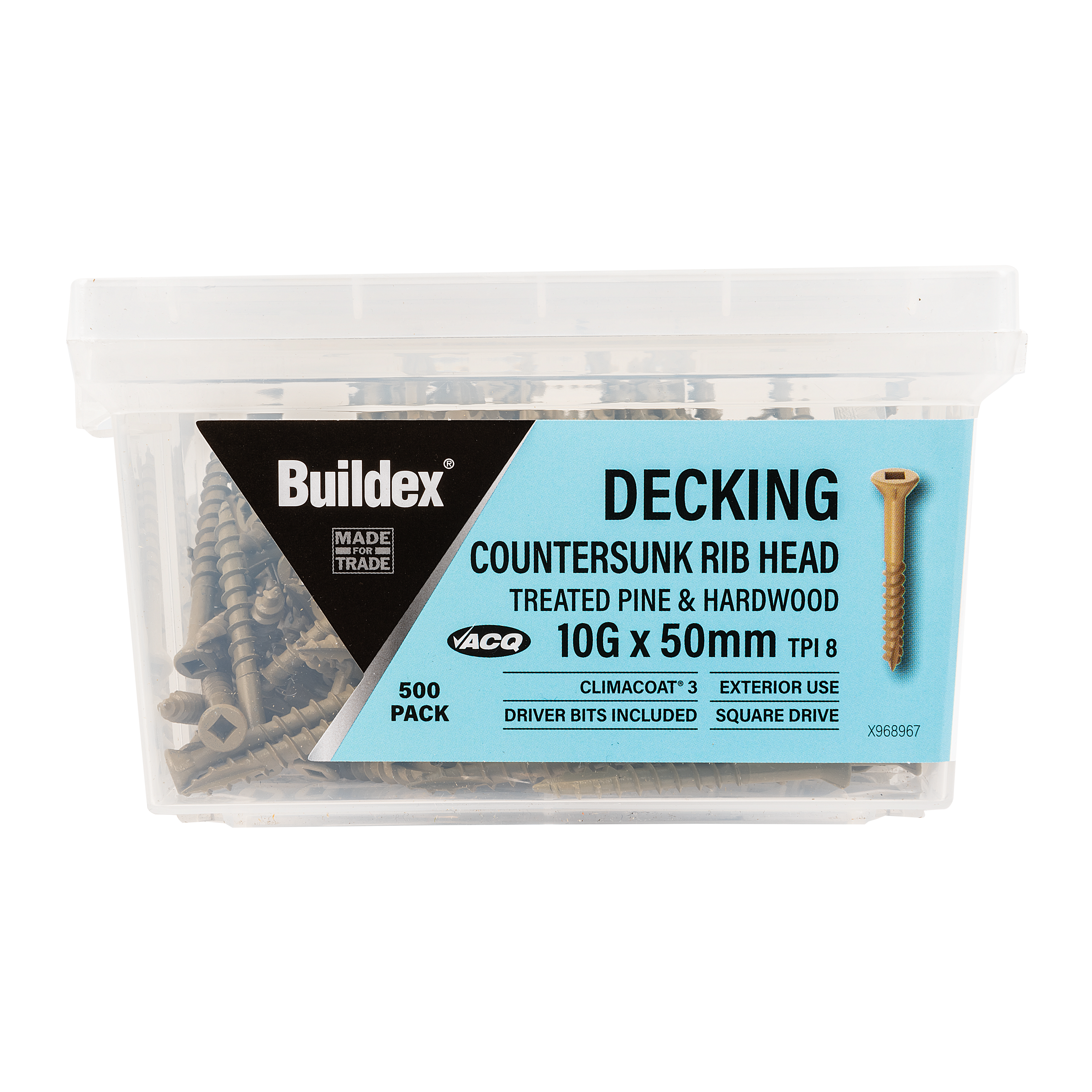 Buildex® Decking Screw 10G x 50mm – Countersunk Rib Head – Climacoat® 3 – Pack of 500