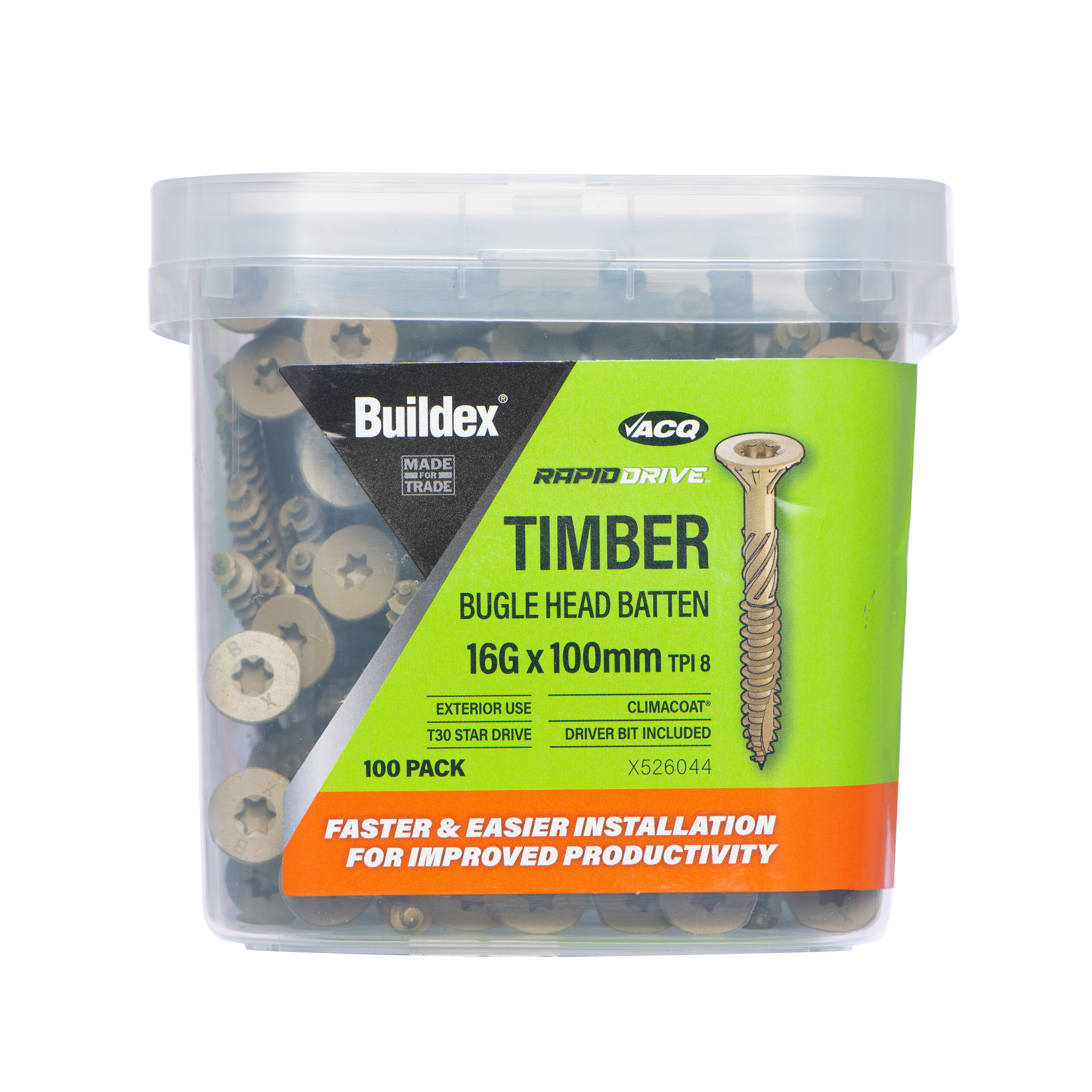 Buildex® RAPIDDRIVE Timber Screws 16G x 100mm – Bugle Head Batten – Climacoat® – 100 Pack