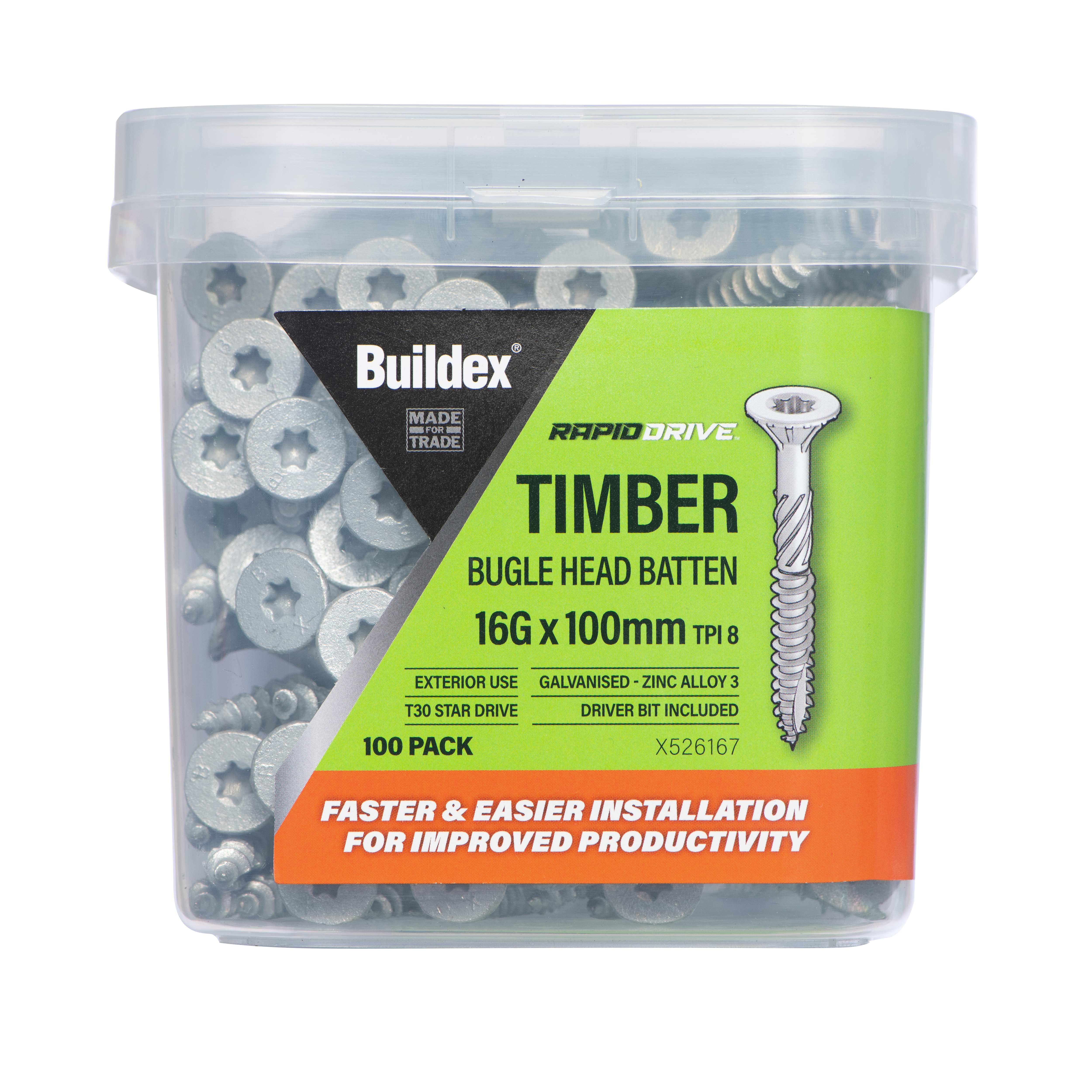 Buildex® RAPIDDRIVE Timber Screws 16G x 100mm – Bugle Head Batten – Galvanised – Zinc Alloy C3 – 100 Pack