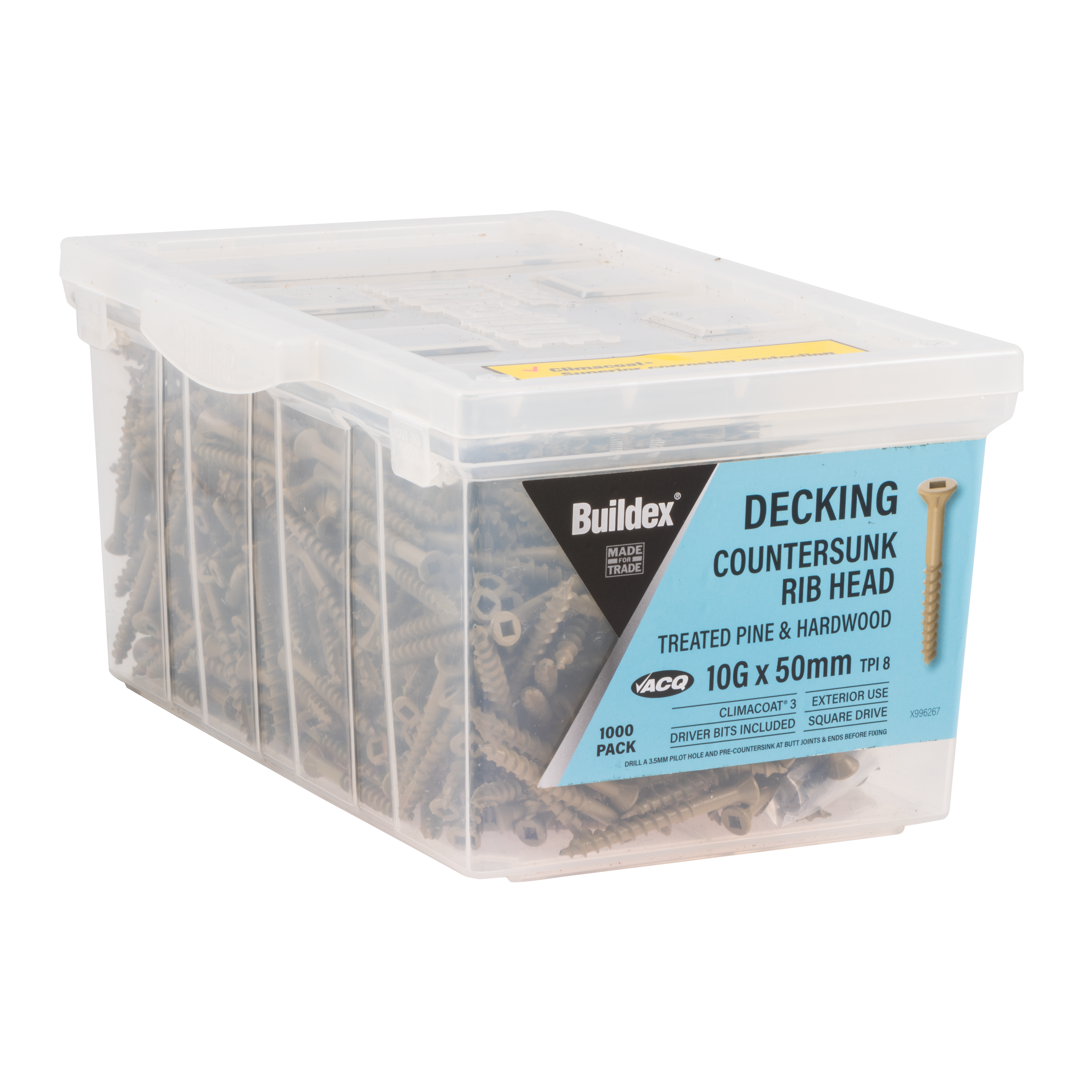 Buildex® Decking Screw 10G x 50mm – Countersunk Rib Head – Climacoat® 3 – Pack of 1000