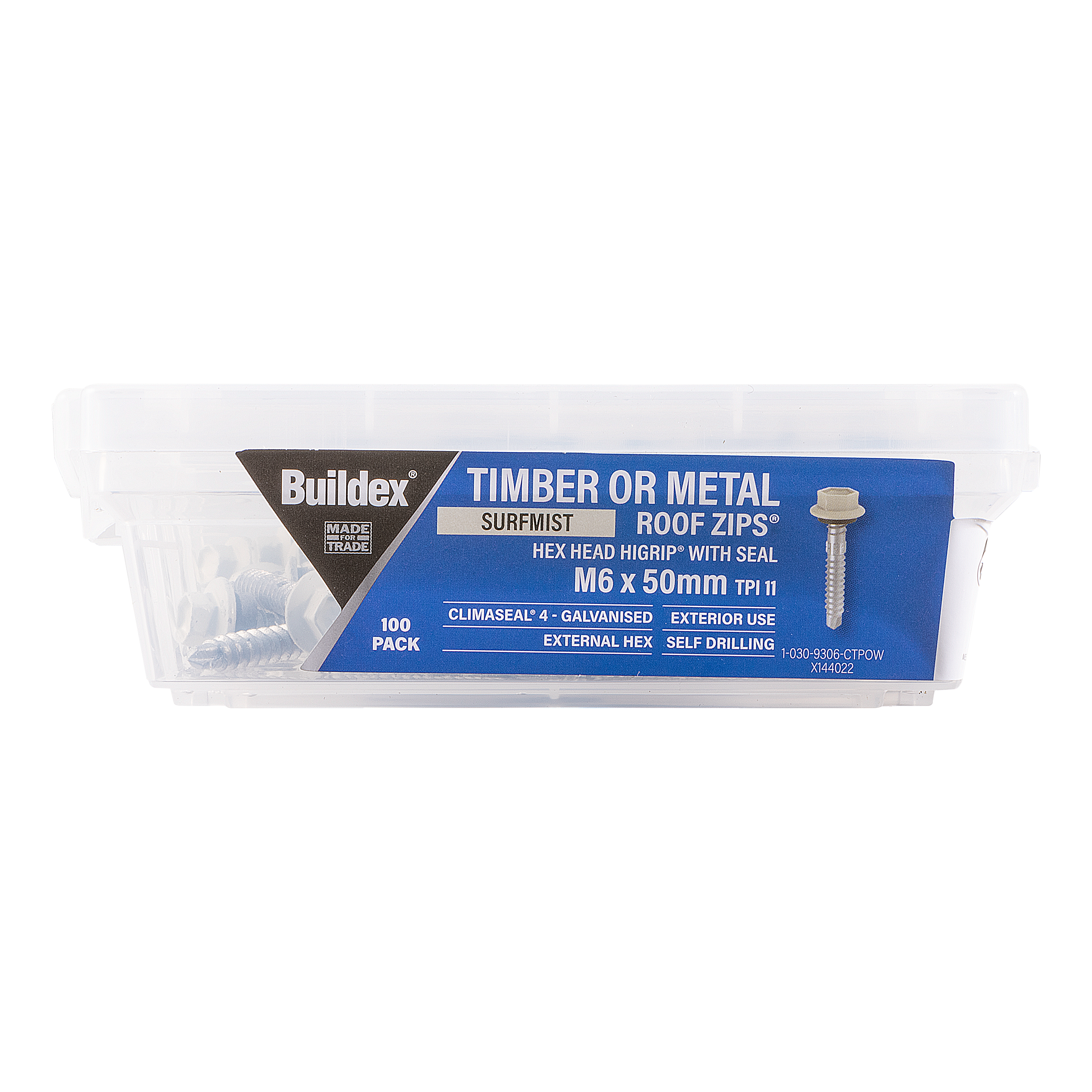 Buildex® Timber or Metal RoofZIPS® M6 x 50mm – Surfmist – Hex Head HiGrip® with Seal – Climaseal® 4 – Pack of 100
