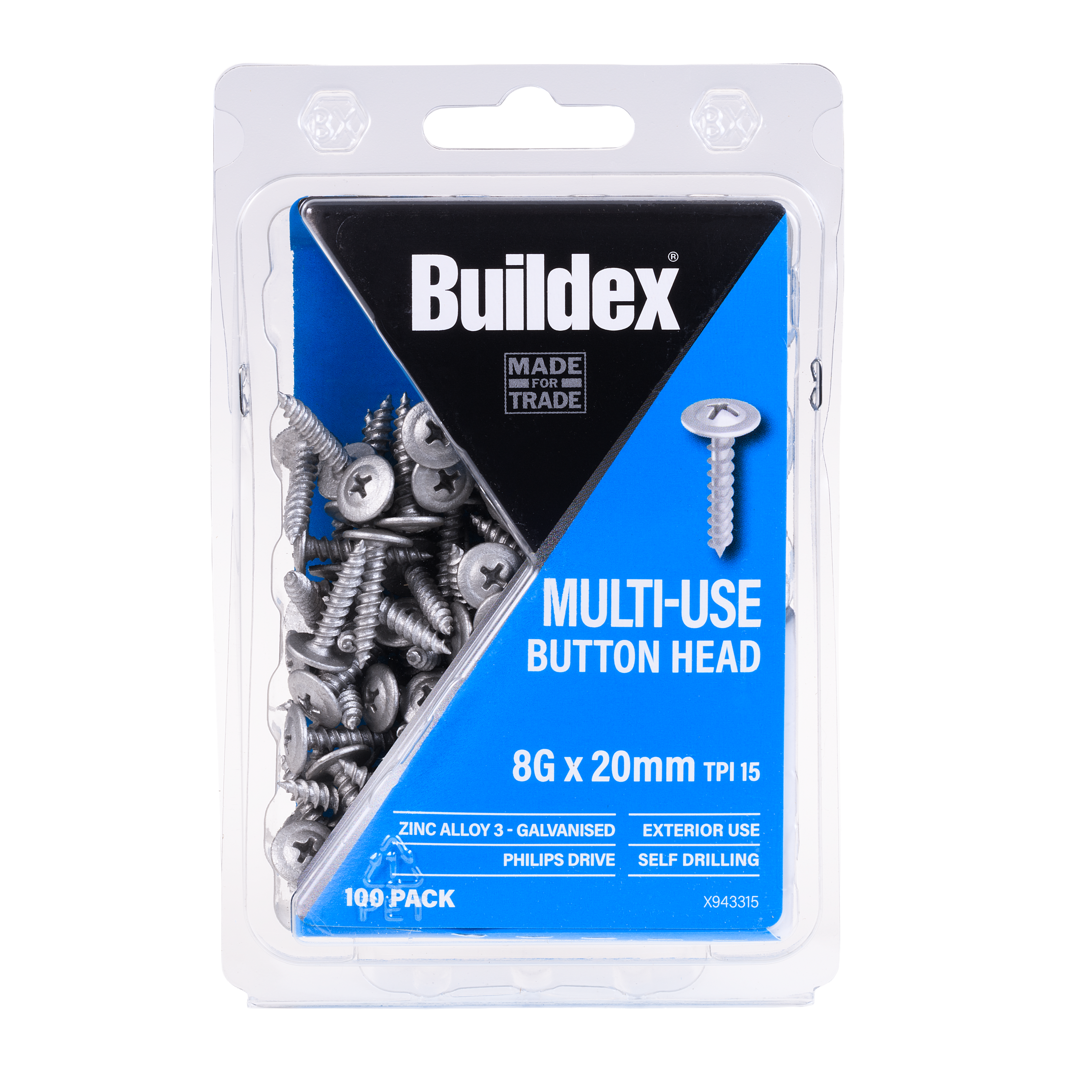 Buildex® Multi-Use Screws 8G x 20mm – Button Head – Galvanised – Zinc Alloy C3 – 100 Pack