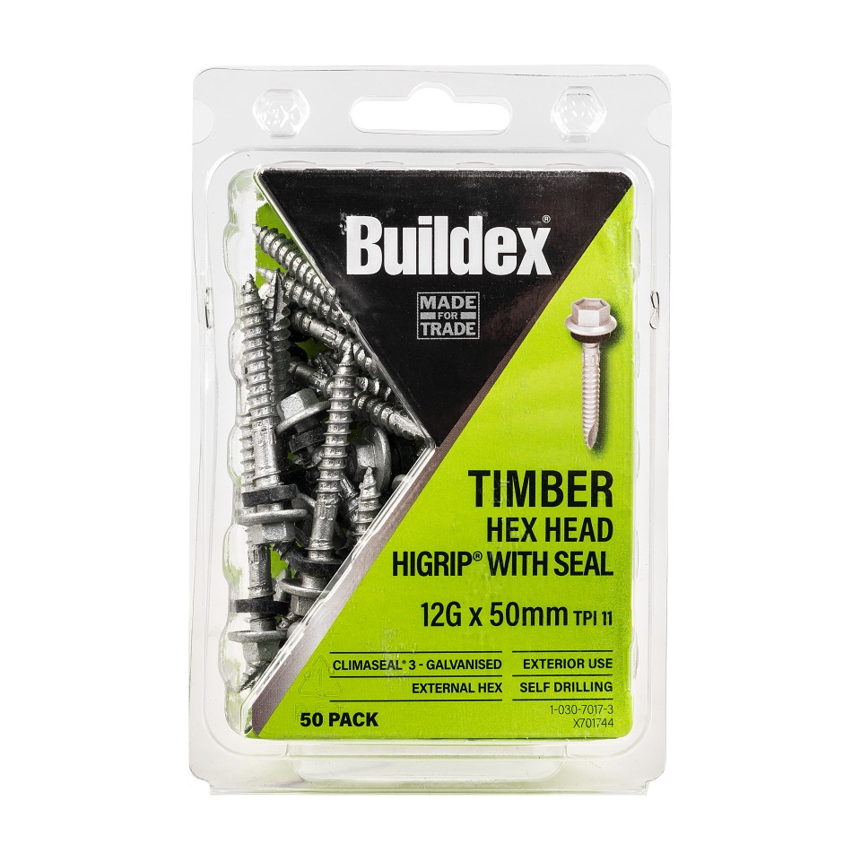 Buildex® Timber Screws 12G x 50mm – Hex Head HiGrip® with Seal – Climaseal® 3 – Pack of 50