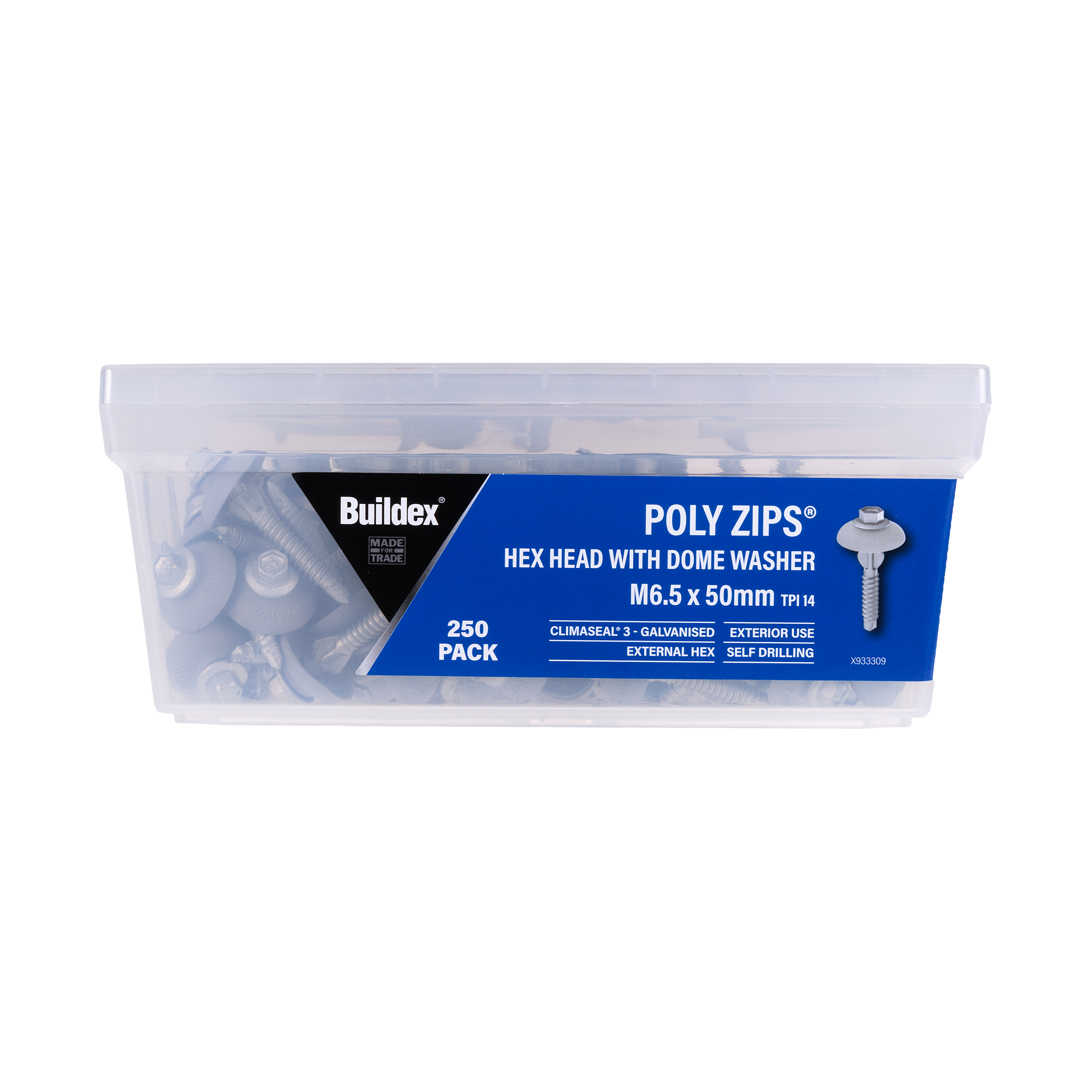 Buildex® PolyZIPS® M6.5 x 50mm – Hex Head with Dome Washer – Climaseal® 3 – Pack of 250