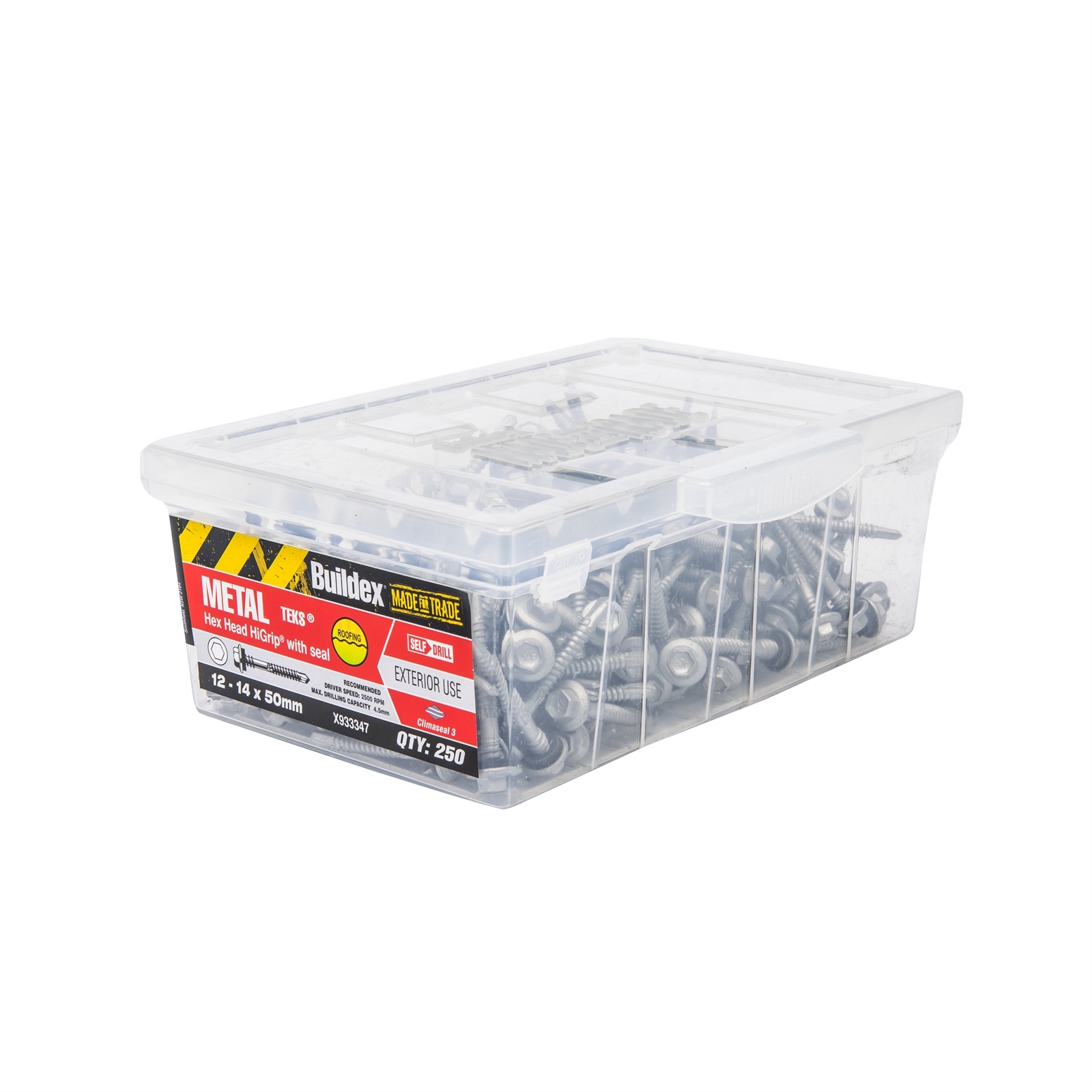 Buildex® Metal TEKS® Screws 12G x 50mm – Hex Head HiGrip® with Seal – Climaseal® 3 – Pack of 250